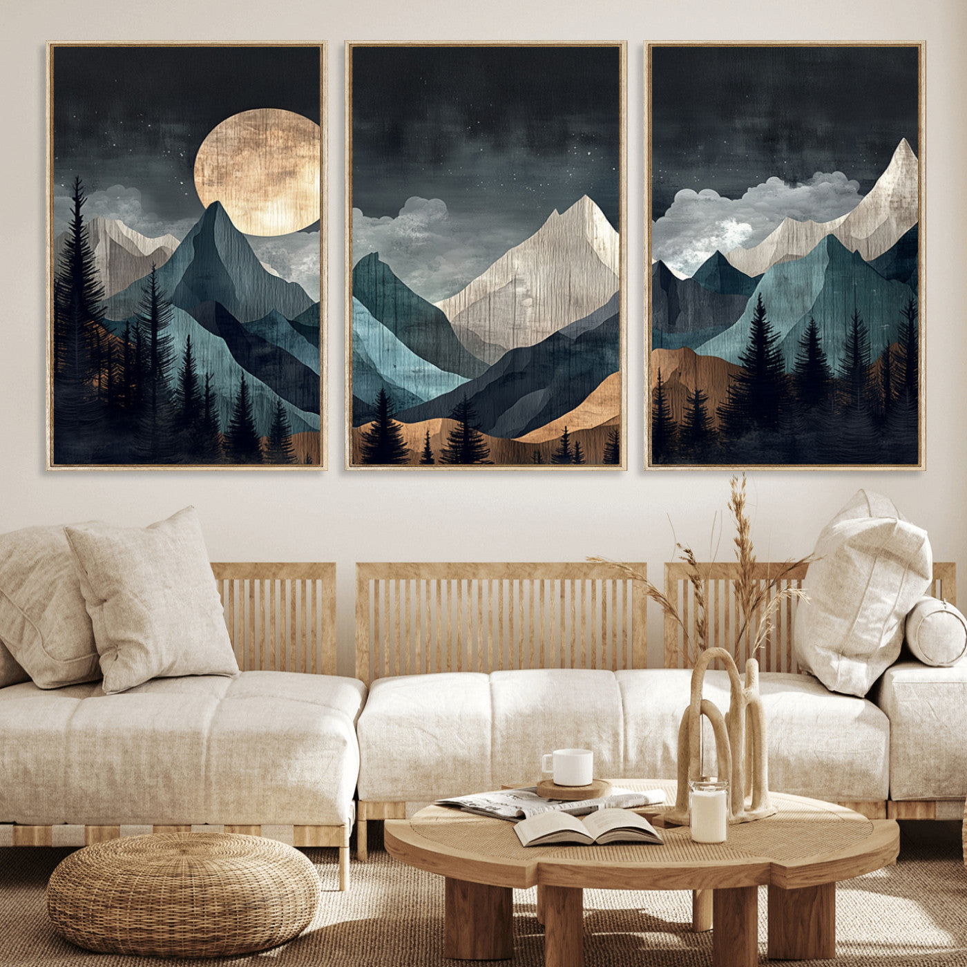 Stylized canvas of layered mountains under a full moon in neutral moody tones, ideal for nature-inspired or modern rustic interiors.