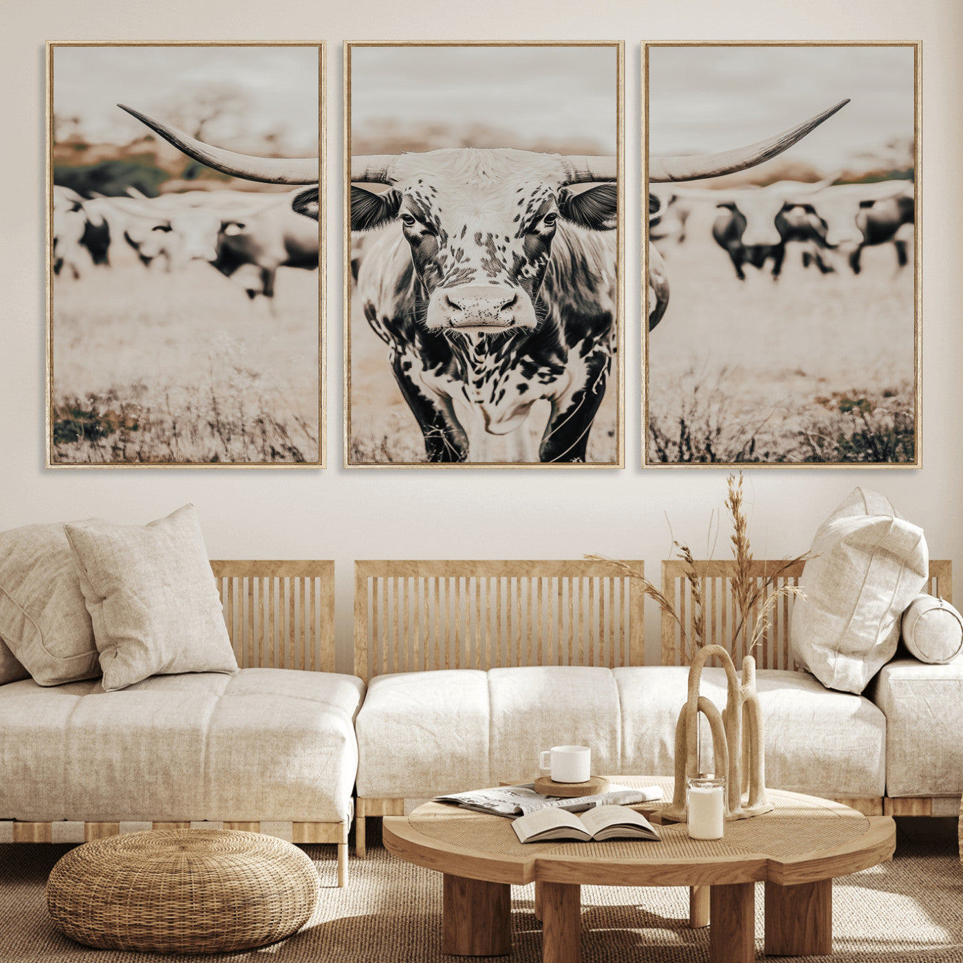 Canvas of a speckled Texas longhorn standing boldly in a field with a herd behind, perfect for rustic western or farmhouse wall decor.