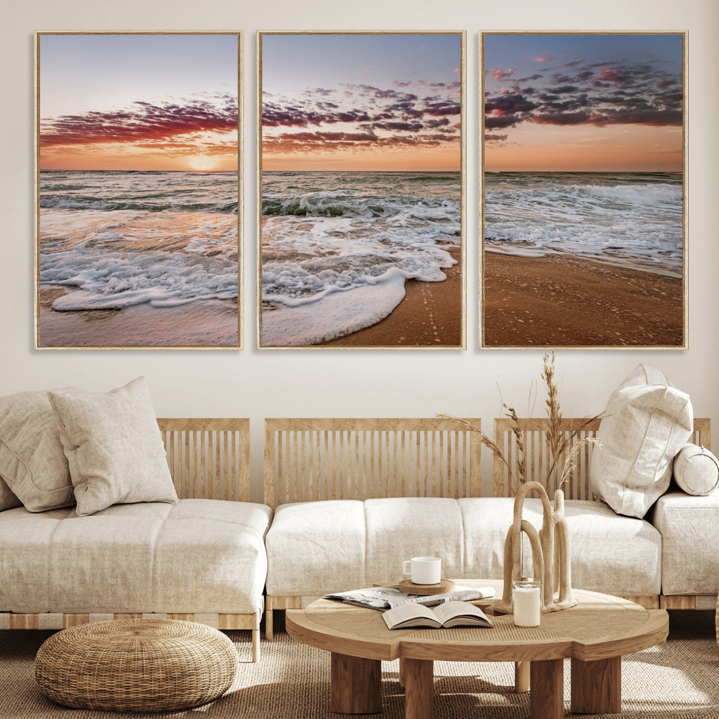 Canvas of a sunset over a foamy ocean shore with warm light and gentle waves, ideal for coastal or beach-themed home decor.