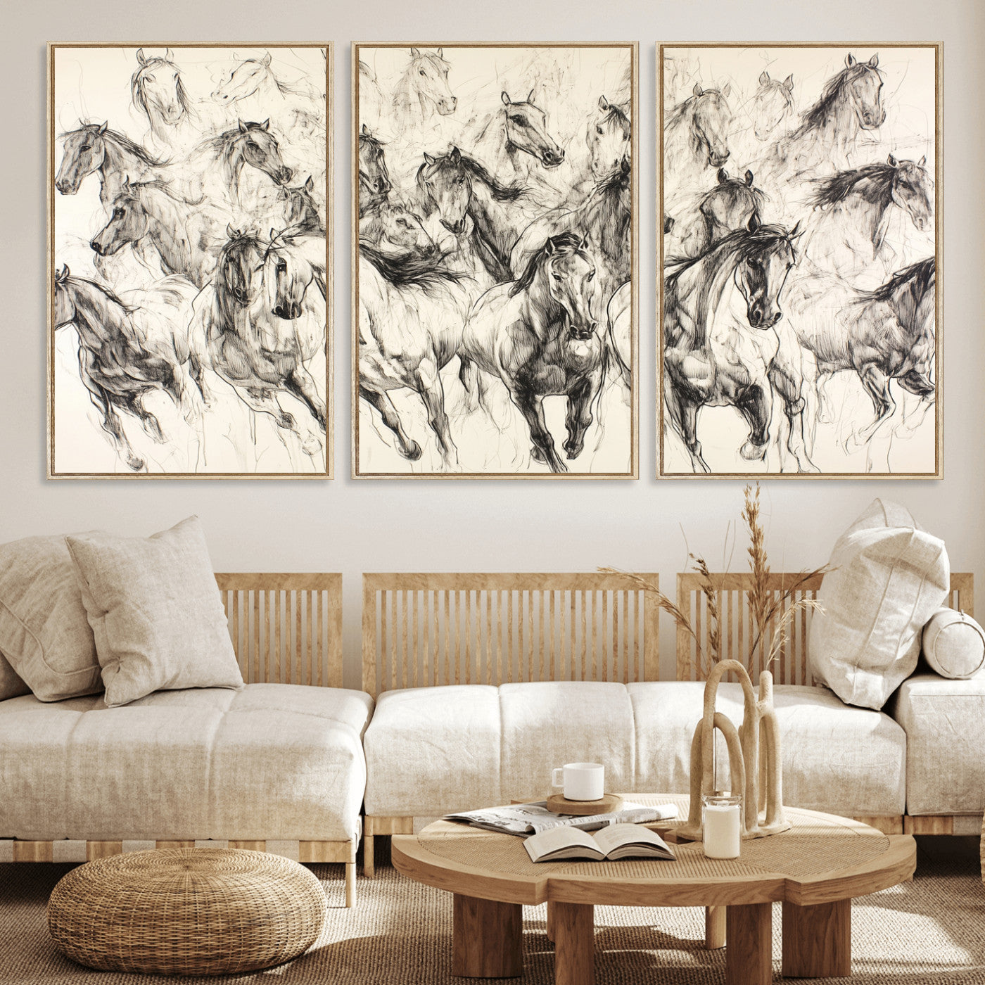 Monochrome ink sketch of galloping horses in dynamic motion, perfect for western or equine-themed wall decor with bold artistic energy.