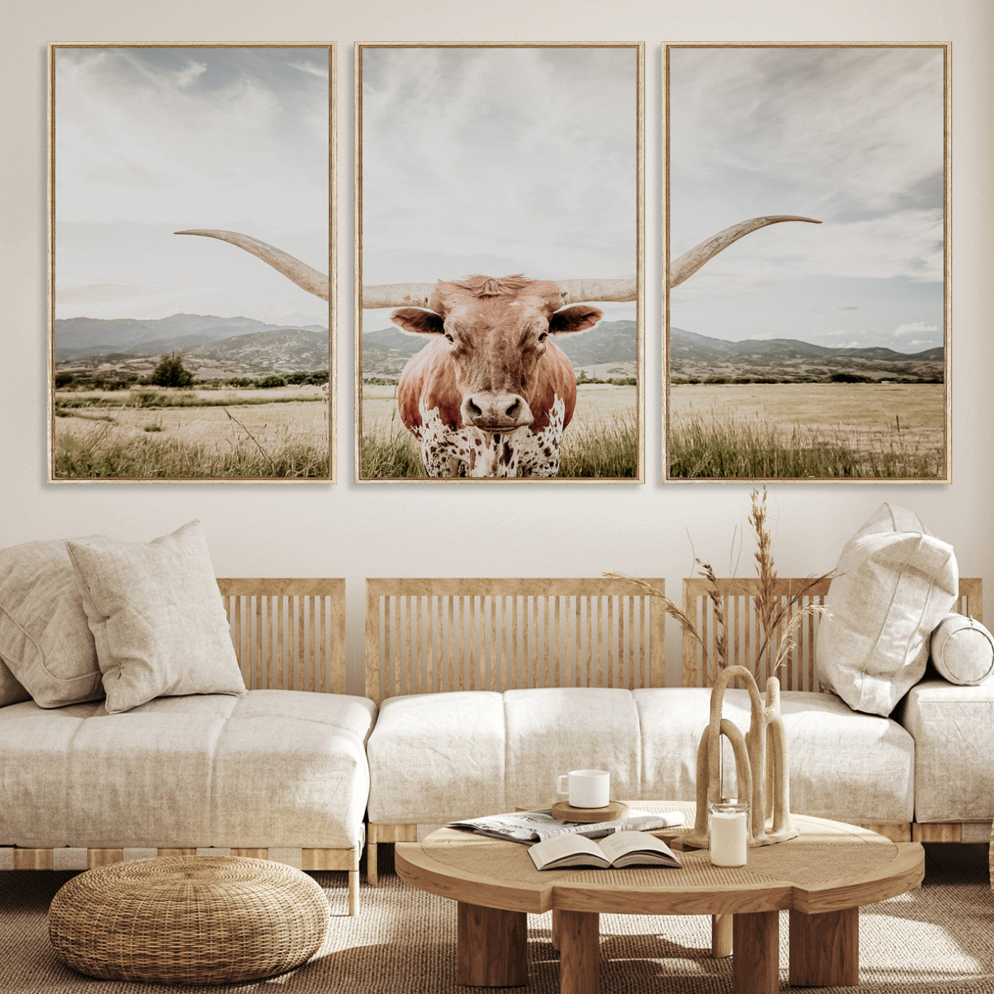 Longhorn Wall Art Print - Western Cow Canvas Print, featuring a majestic Texas longhorn in a rustic prairie setting, perfect for farmhouse and western decor.