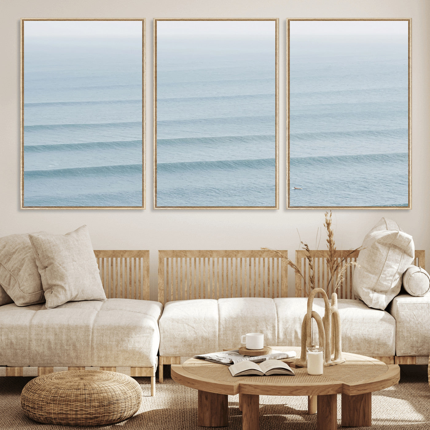 Framed canvas of repeating ocean waves with a distant solo surfer, ideal for minimalist ocean or calm coastal wall decor.