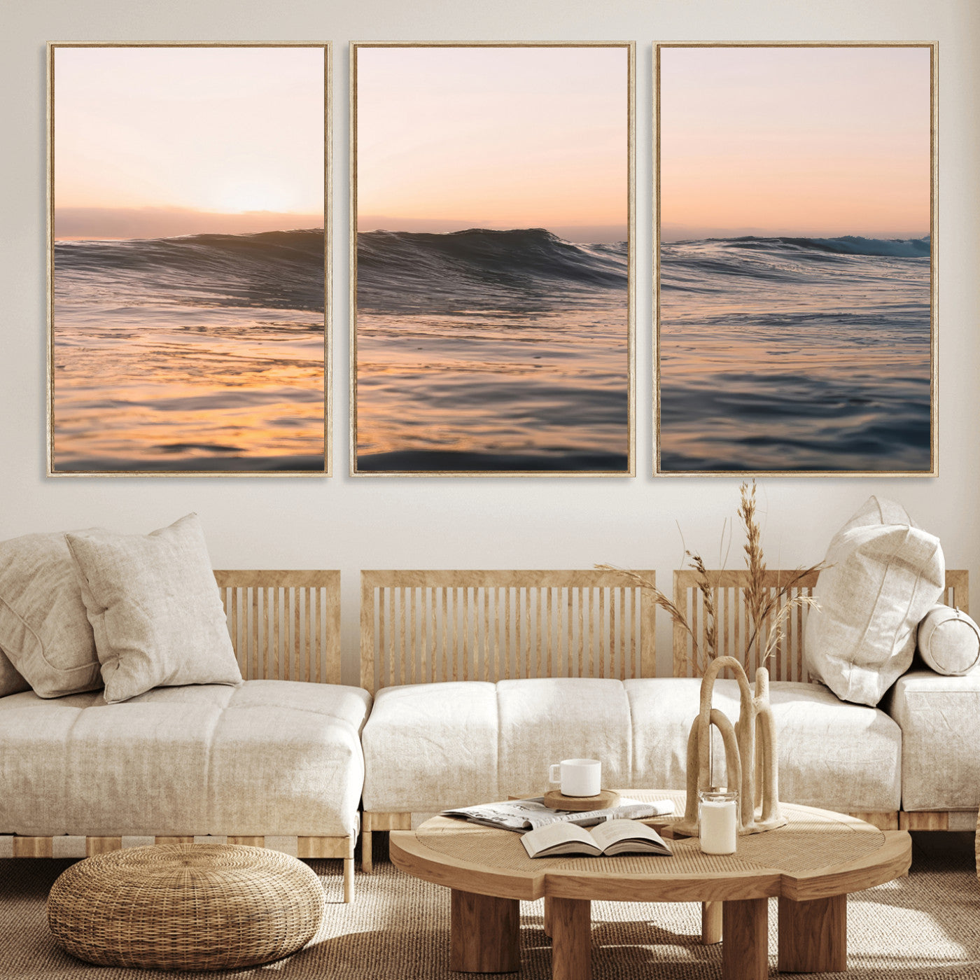 Framed canvas of ocean waves glowing in sunset light, ideal for golden hour calm or peaceful coastal-inspired wall decor.