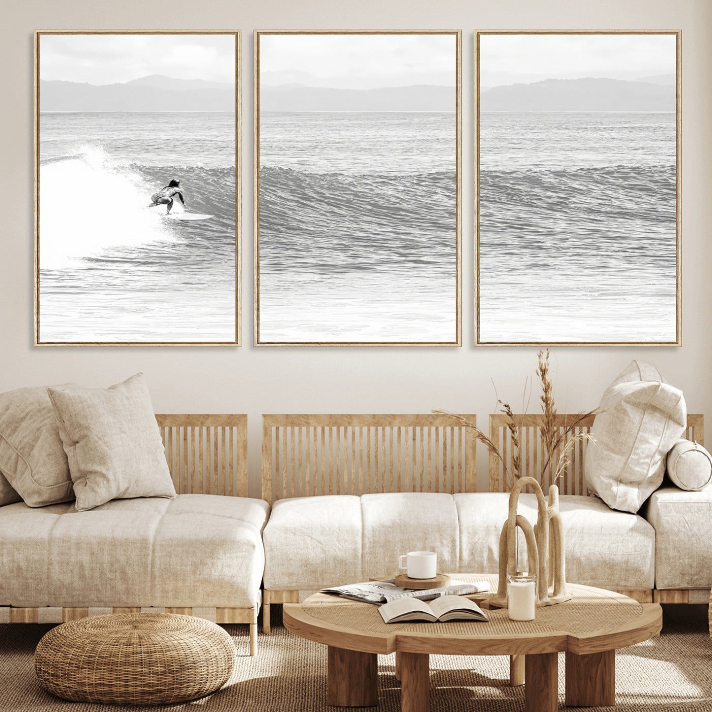 Monochrome photo of a surfer riding a wave with distant mountains, ideal for coastal motion or black and white surf-themed wall decor.