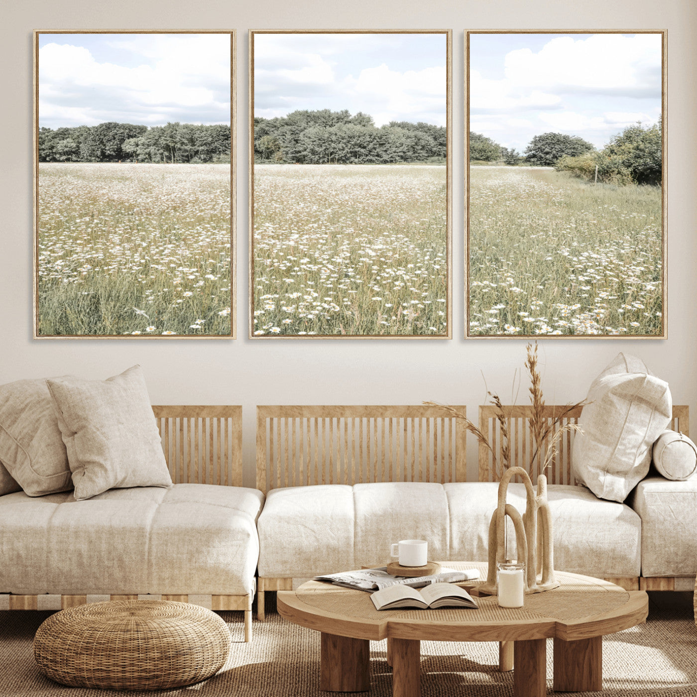 Soft-toned image of a wild daisy field under a cloudy sky, ideal for neutral or Scandinavian-inspired home decor.
