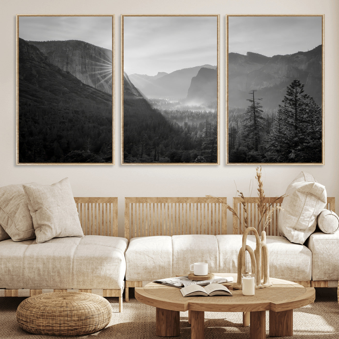 Black and white landscape of Yosemite with sun rays peeking over El Capitan, ideal for moody nature or modern rustic decor.