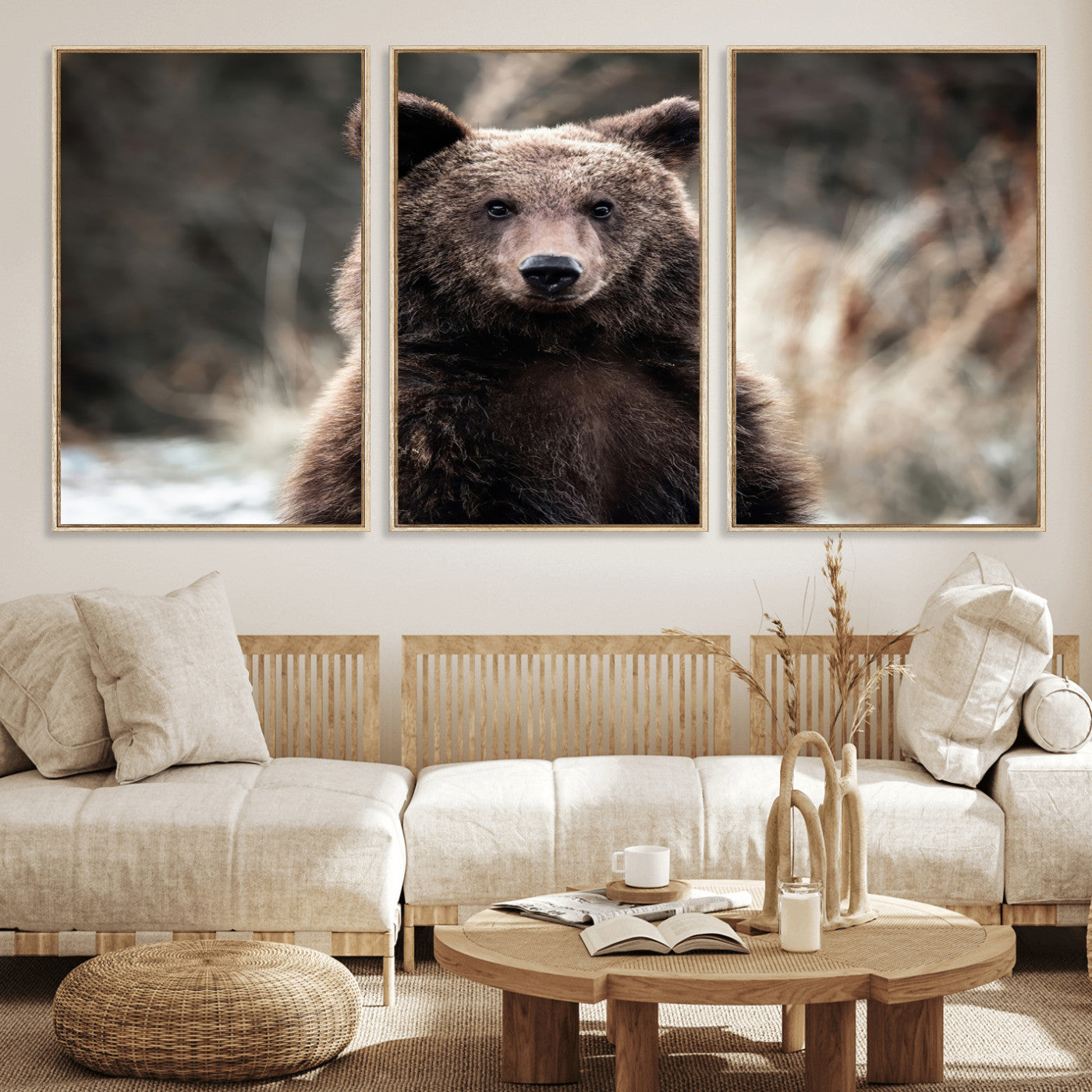 Canvas of a brown bear in soft earthy tones and moody forest light, ideal for rustic cabin or woodland nature-themed home decor.