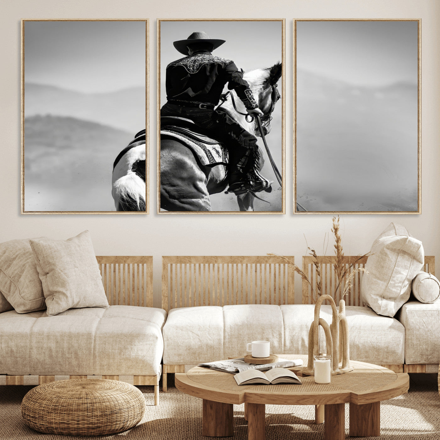 Black and white canvas of a cowboy on horseback with moody tones, perfect for rustic western or country-inspired home decor.