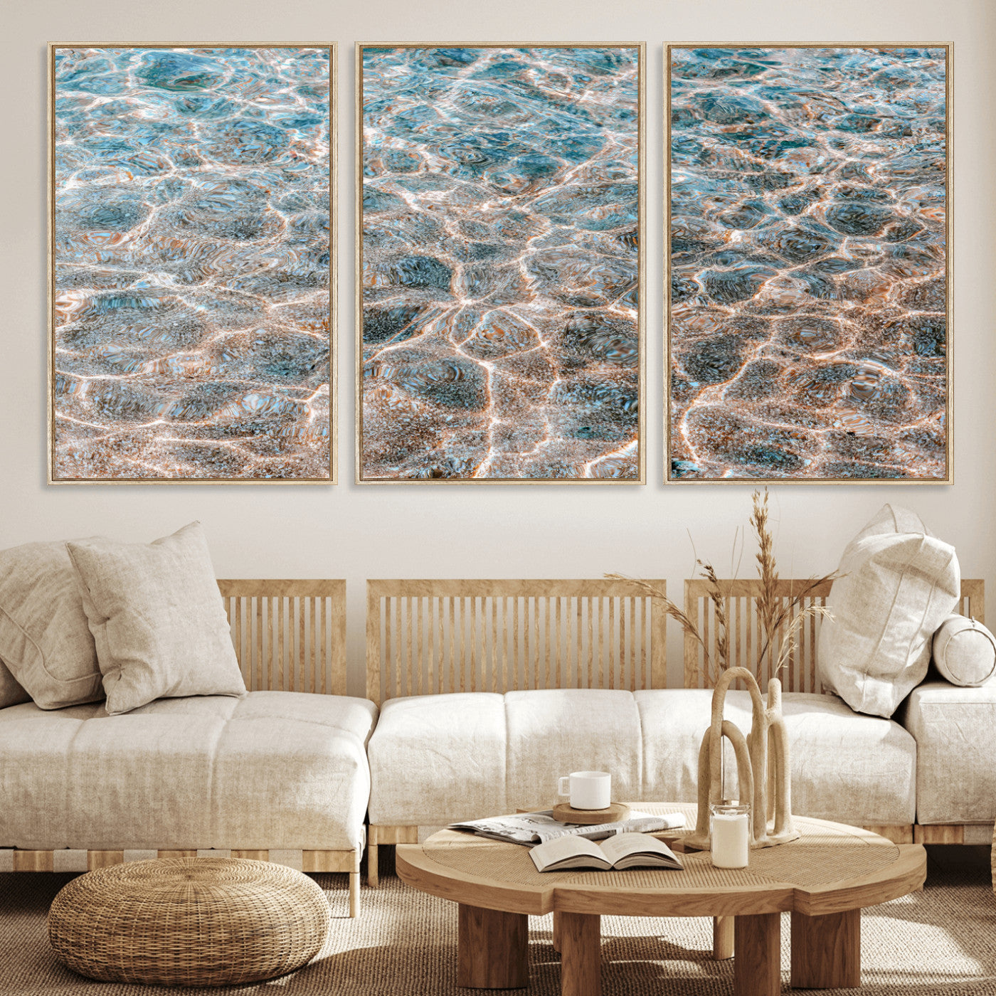 Close-up of sunlit ocean ripples with aqua blue and golden tones, ideal for modern coastal or minimalist home decor.