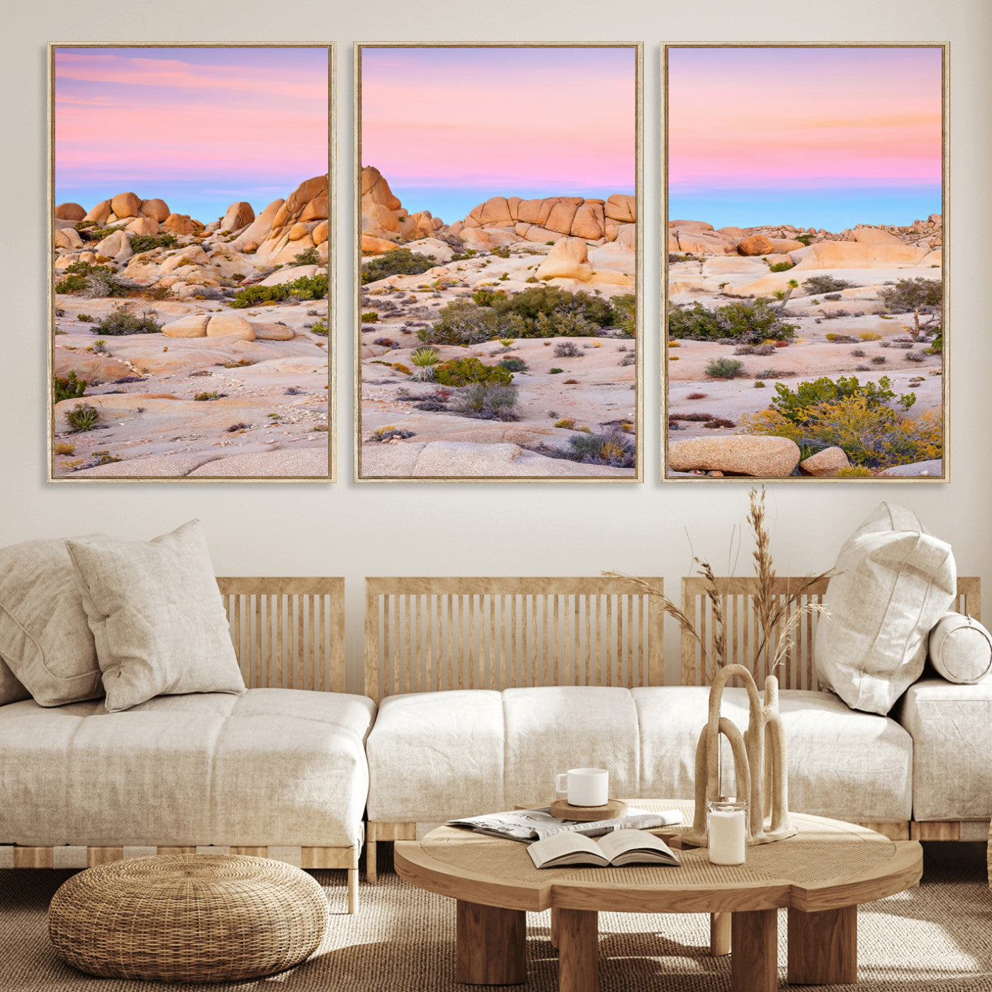 A breathtaking desert landscape featuring rugged rock formations under a vibrant pastel sunset sky, capturing the warmth and serenity of a Southwestern wilderness.