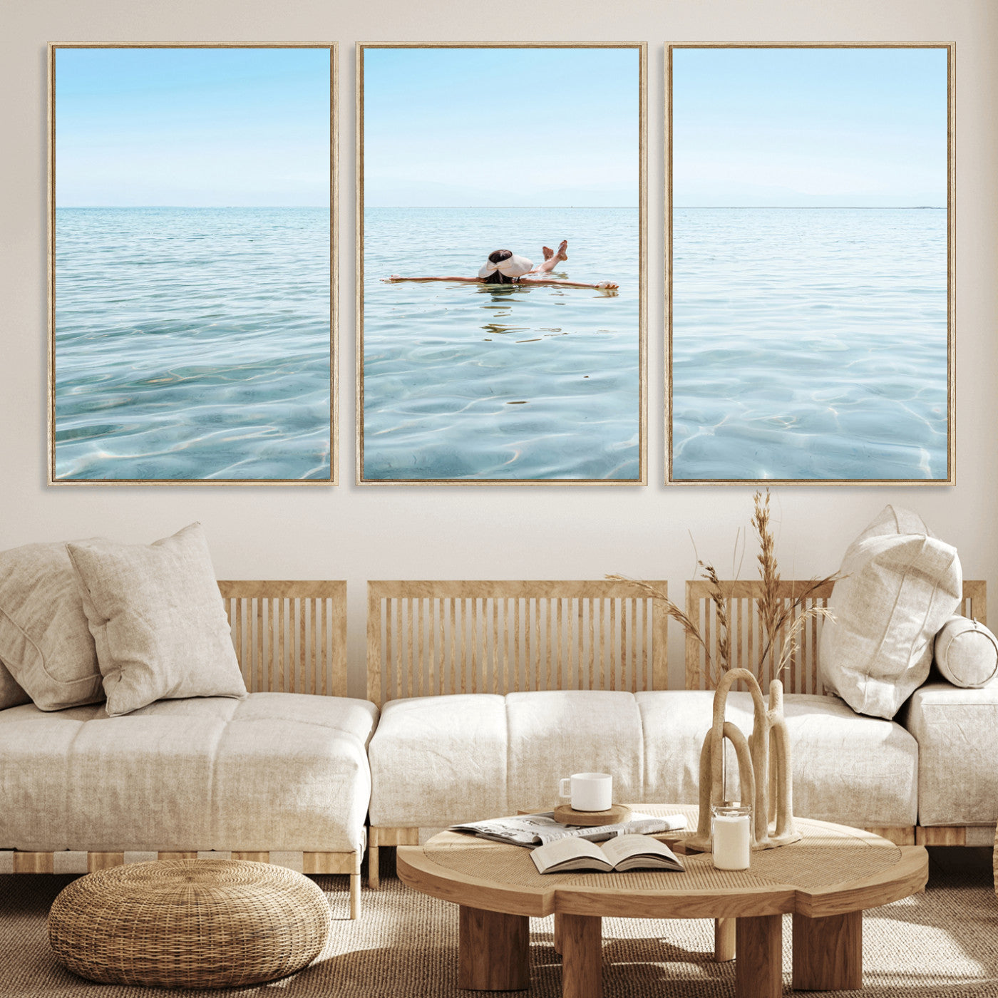 A peaceful minimalist scene of a person floating on crystal-clear water, surrounded by a vast open horizon, capturing relaxation and serenity in a tranquil aquatic setting.