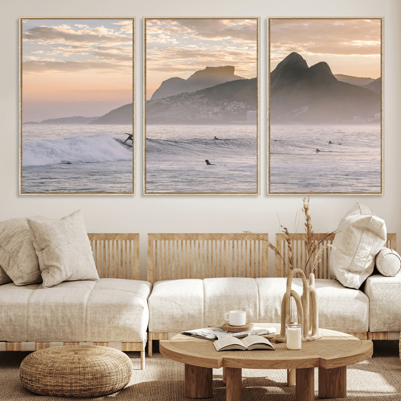 A surfer rides a golden hour wave near misty coastal mountains, surrounded by fellow surfers, capturing the spirit of a coastal adventure.