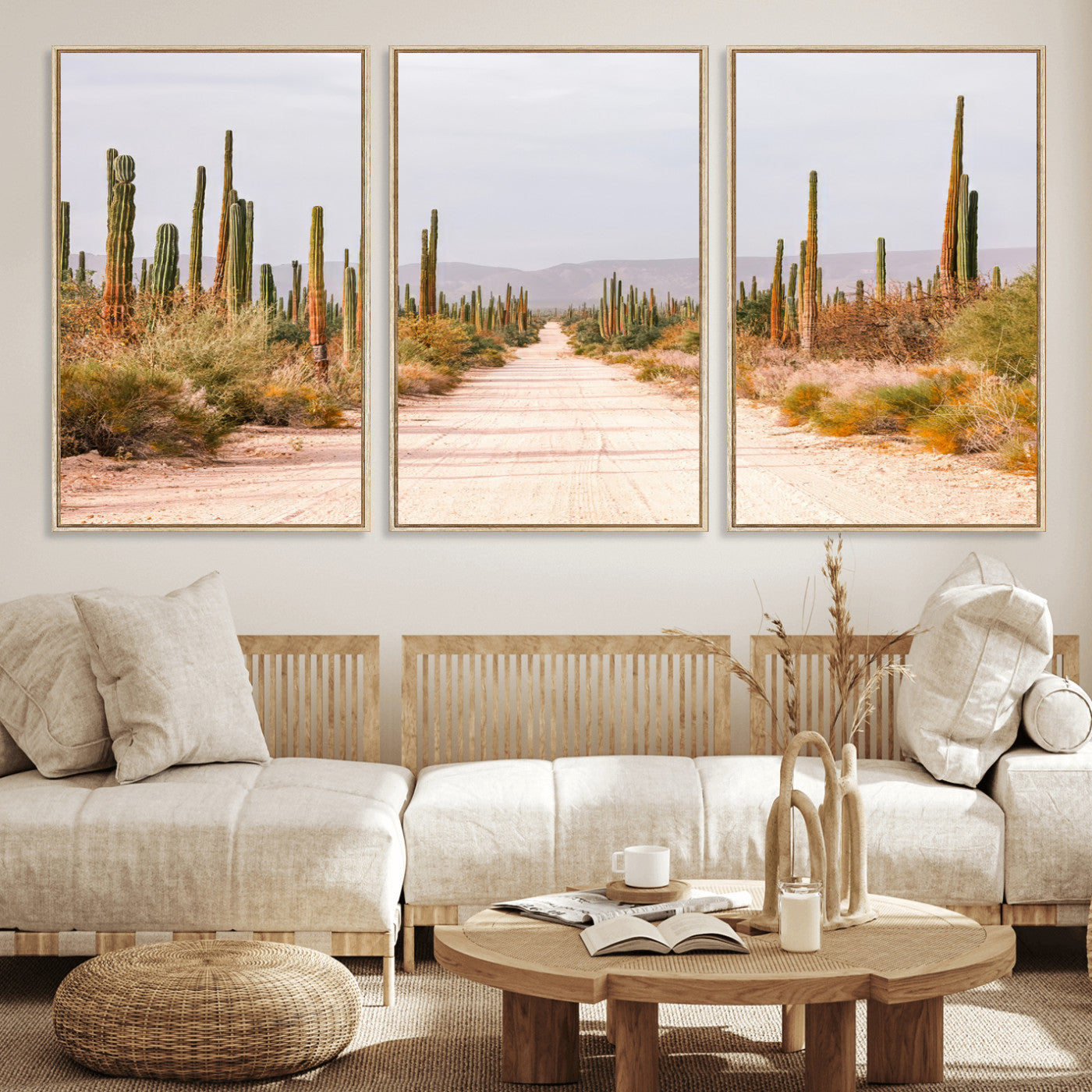 A desert road lined with saguaro cacti under a golden sky, creating a warm southwestern feel, perfect for boho or rustic decor.