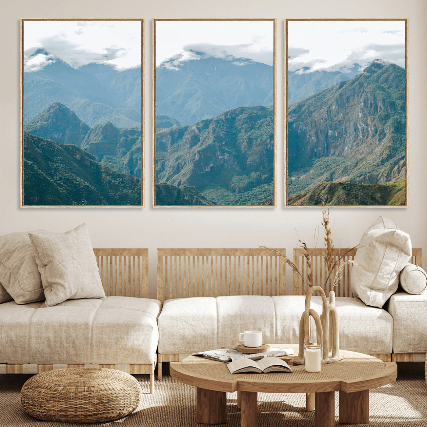 A misty mountain landscape with cloud-covered Andean peaks and lush green valleys, creating a dramatic and serene view, perfect for rustic or nature-inspired home decor.