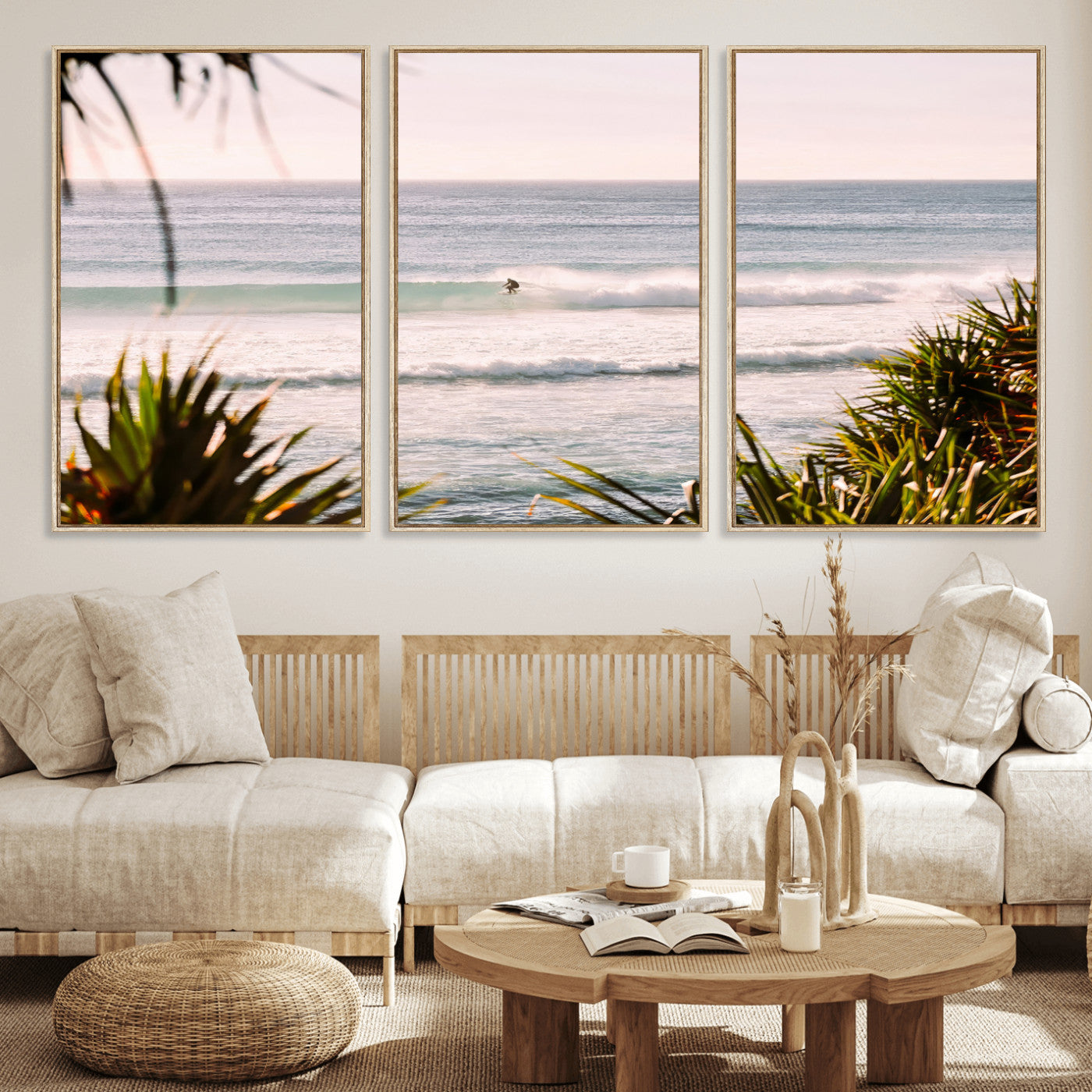 Canvas of a lone surfer riding a pastel wave at sunrise, perfect for tropical or coastal-themed spaces with a relaxed, airy vibe.