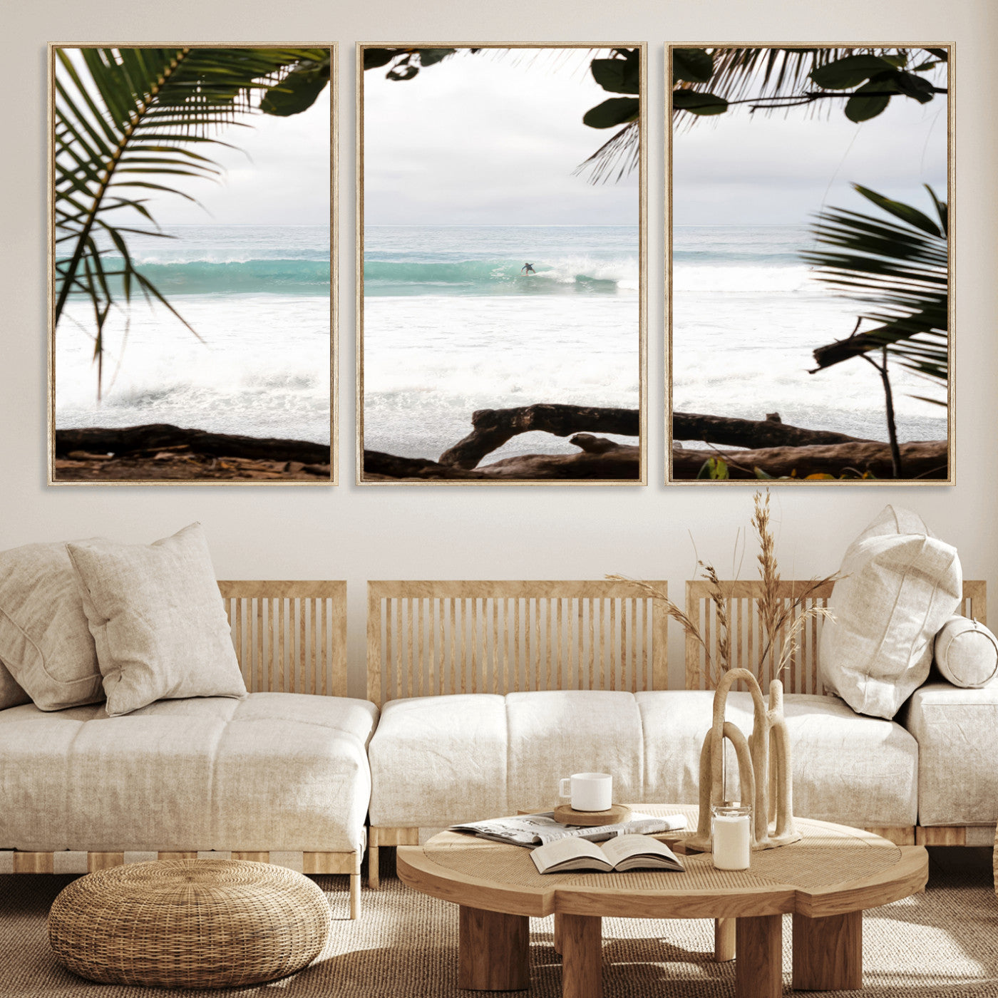 Tropical beach view with palm trees and surfer riding a wave, perfect for boho or coastal-inspired interior wall decor.