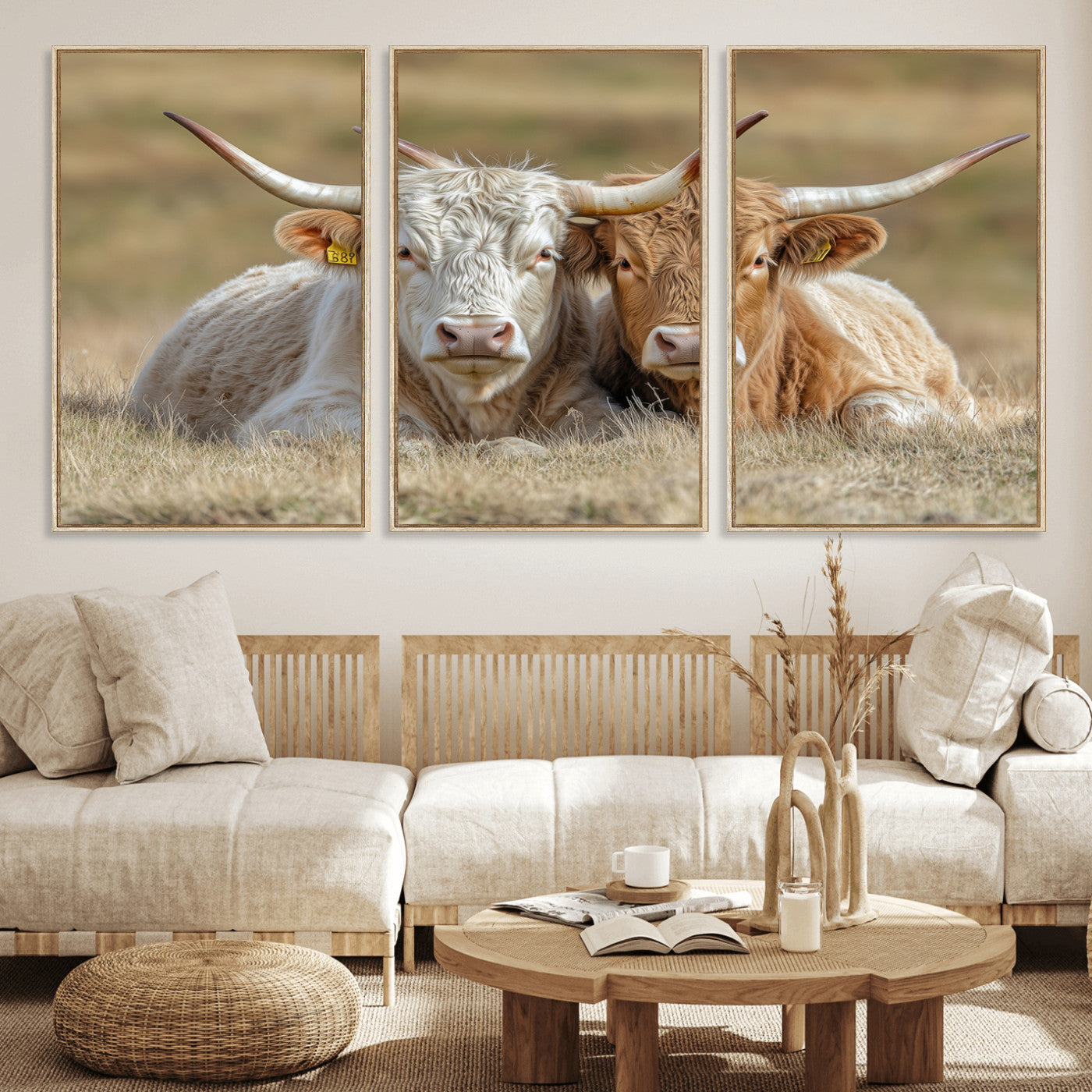 Two cows laying closely in a dry grassy field, captured in soft light, perfect for rustic farmhouse or western style home decor.