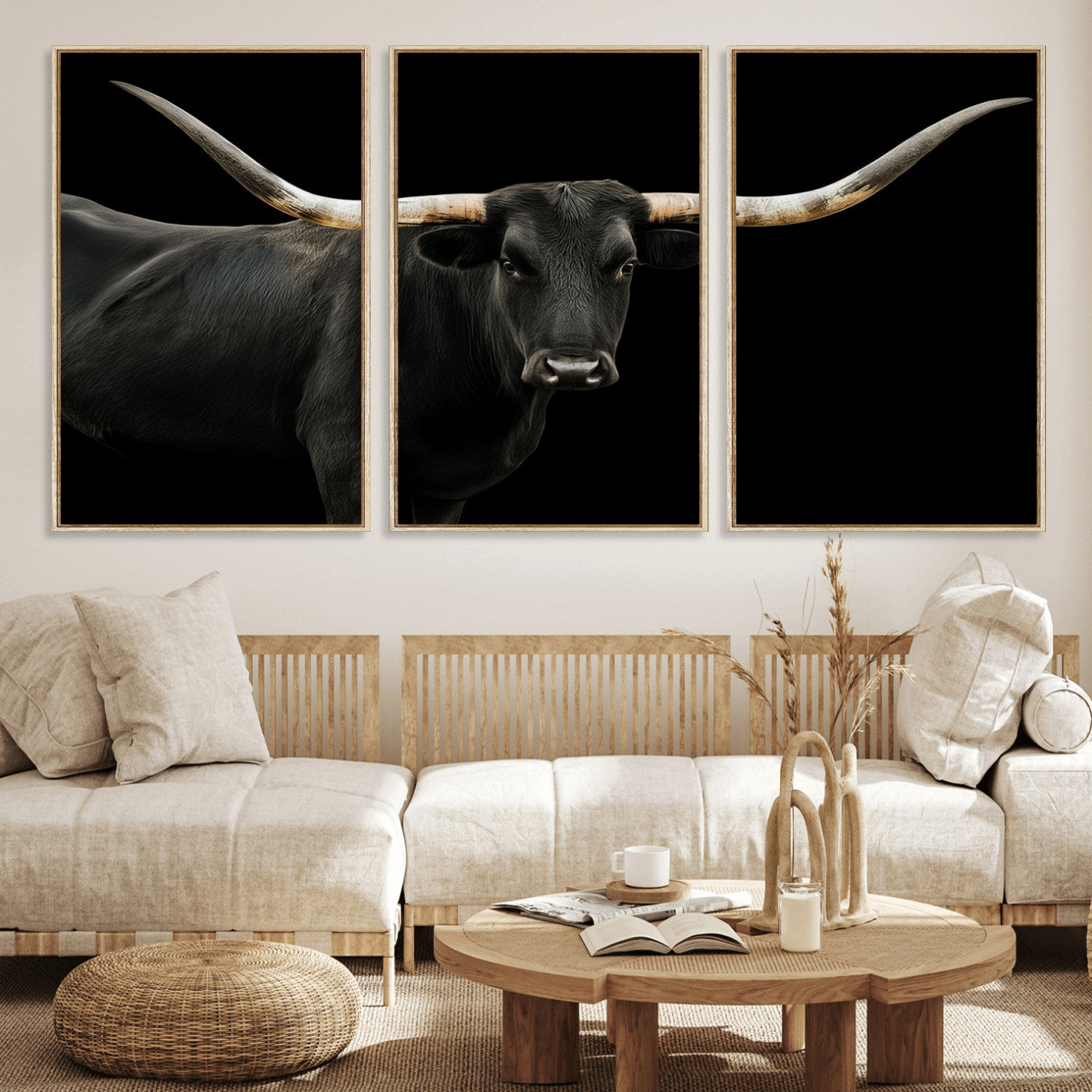 Close-up of a black Texas longhorn with large curved horns on black background, ideal for rustic farmhouse or modern western interiors.