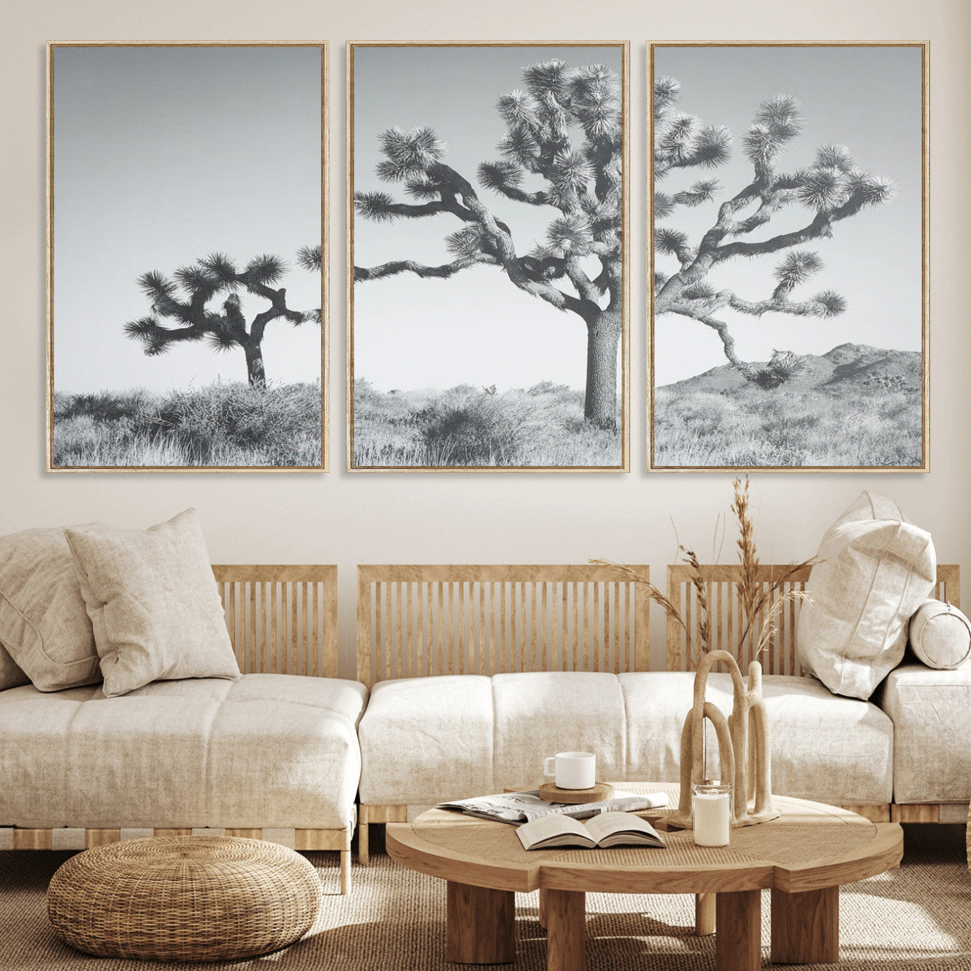 Black and white Joshua tree in a desert landscape with soft light and dry brush, perfect for rustic or minimalist home decor.