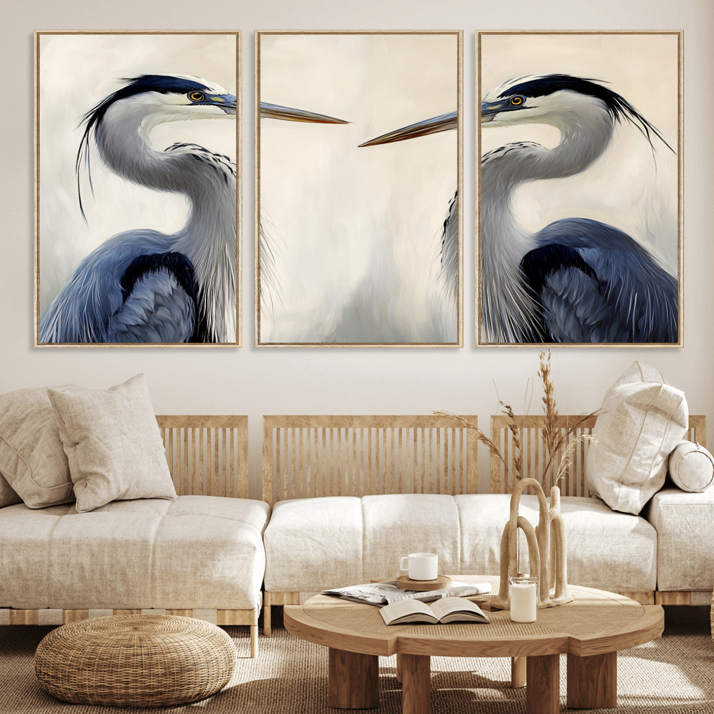 Two blue herons facing each other on a soft neutral background, ideal for coastal, tranquil, or nature-inspired minimalist interiors.