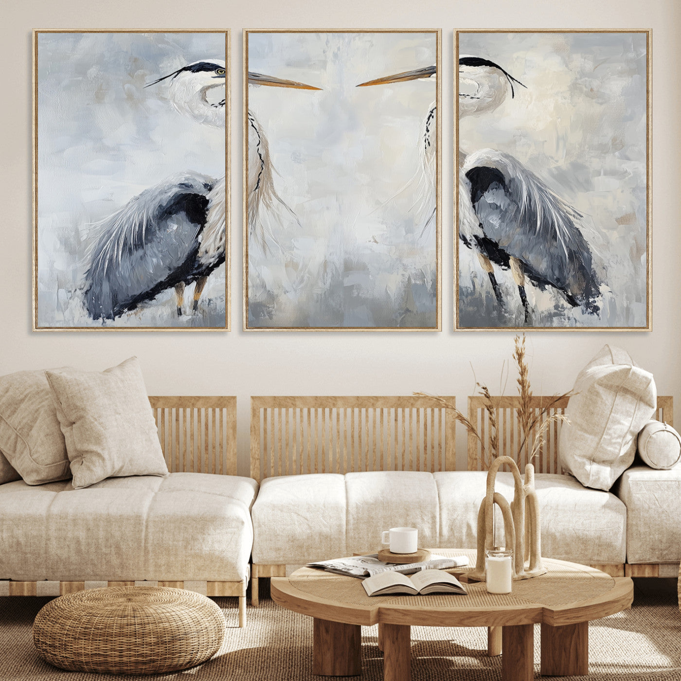 Two herons facing each other on a soft-toned background with blue-grey feathers, perfect for tranquil, coastal or nature-themed interiors.