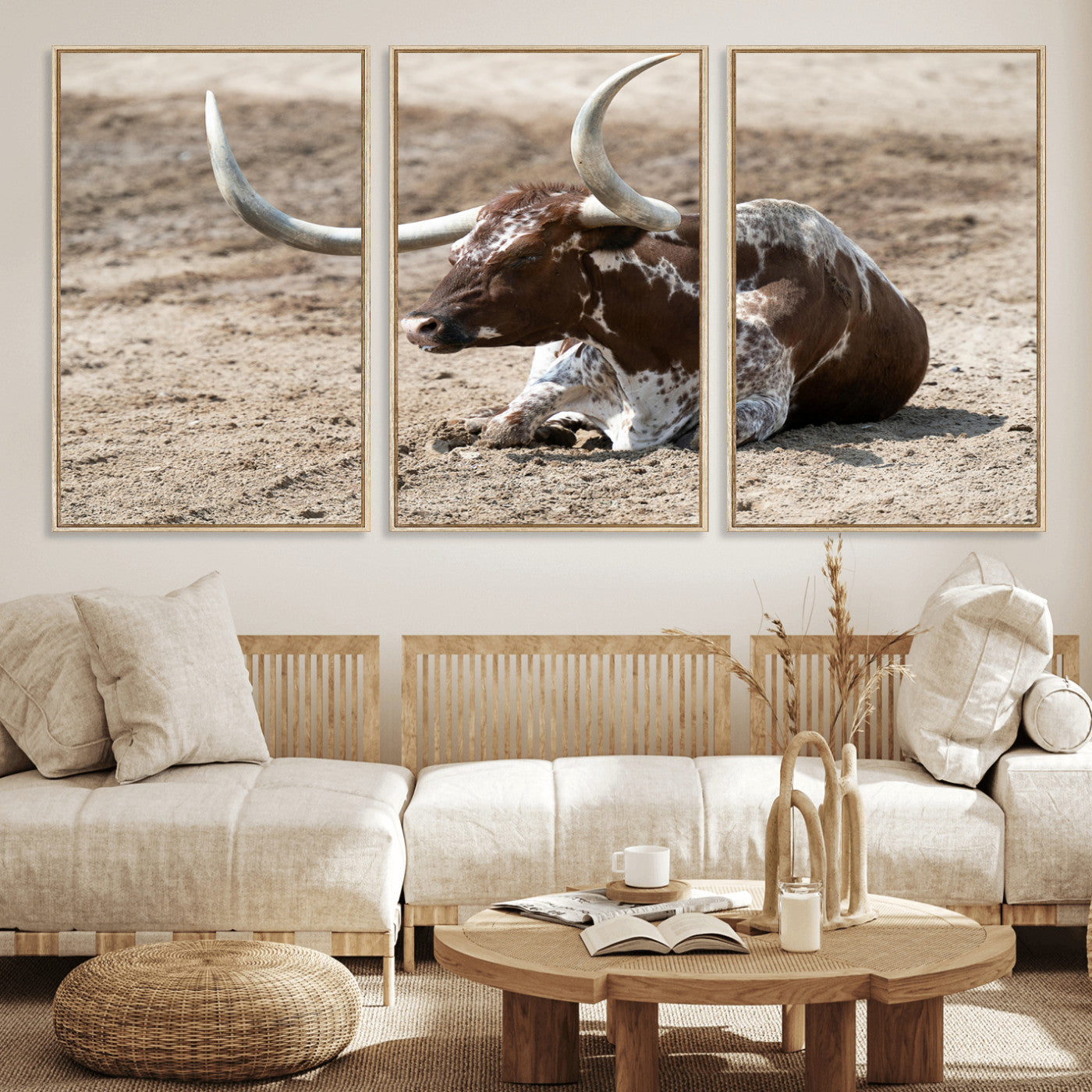 Texas Longhorn Wall Art Canvas Print, Framed Country Living Art Picture Print, Farmhouse Aesthetic Perfect Western Rustic Decor Artwork