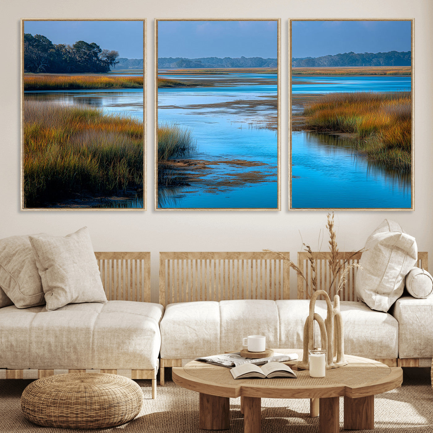 A peaceful marshland scene with calm blue water reflecting the surrounding grasses and trees, capturing the beauty of nature in a serene landscape.