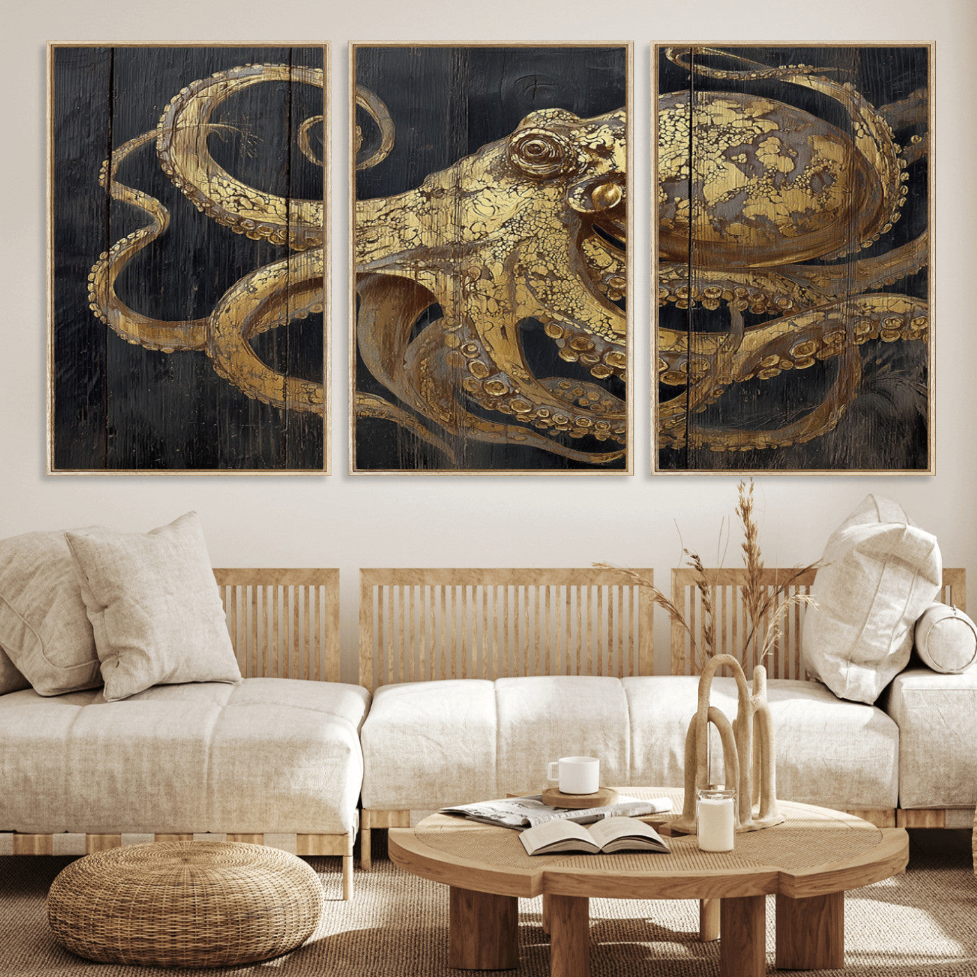 A detailed gold illustration of an octopus on black wooden planks, showing its intricate tentacles and textured skin in an artistic style.