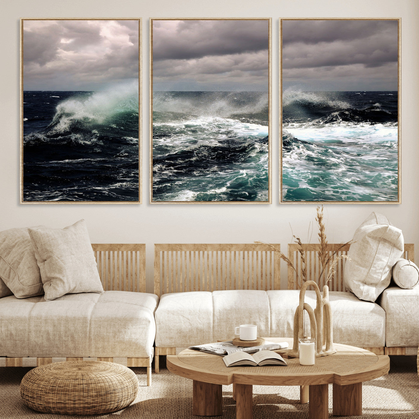 Powerful ocean waves crashing under stormy skies, creating a dynamic and intense seascape.