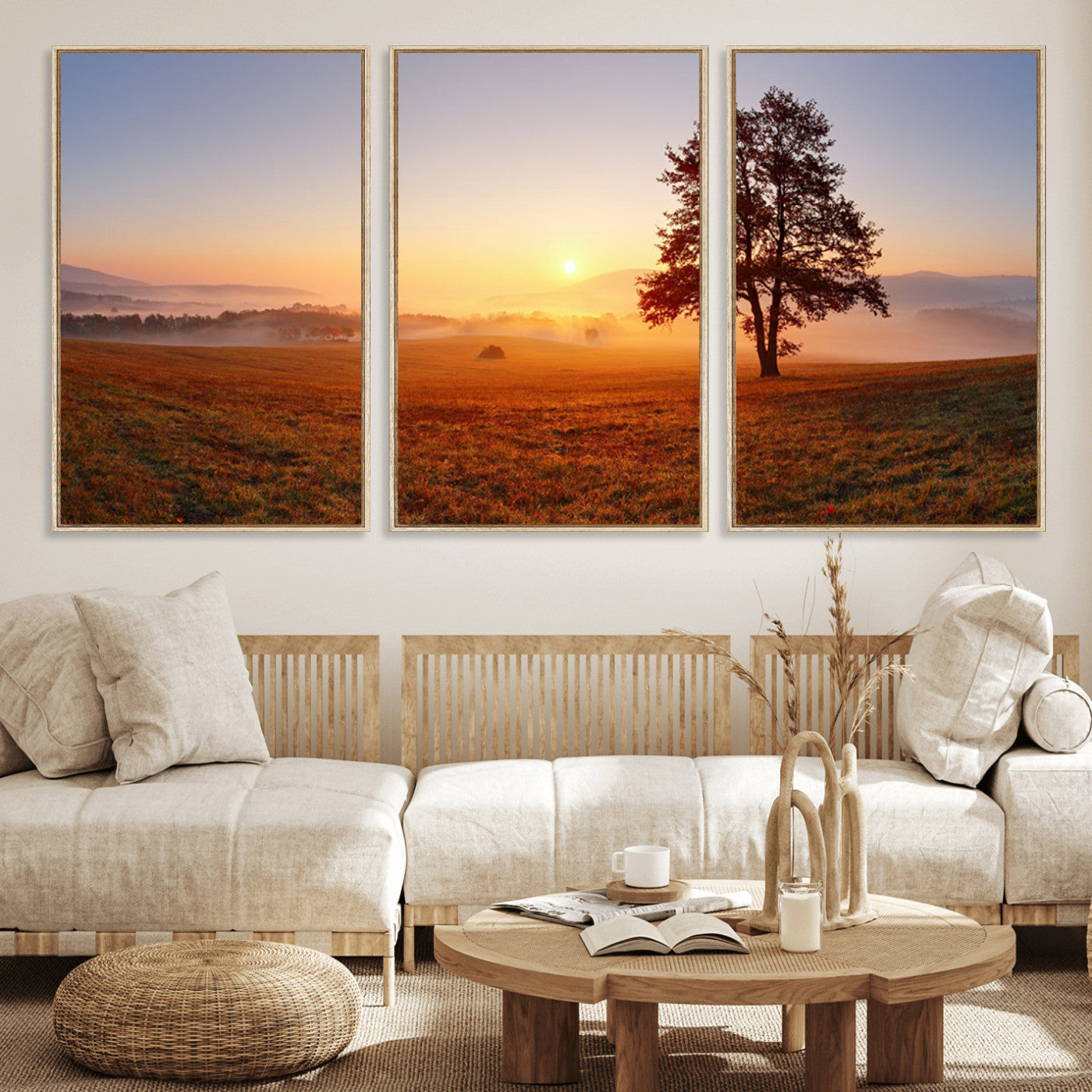 A tranquil landscape at sunrise with a mist-covered field and a lone tree, creating a peaceful and natural atmosphere.