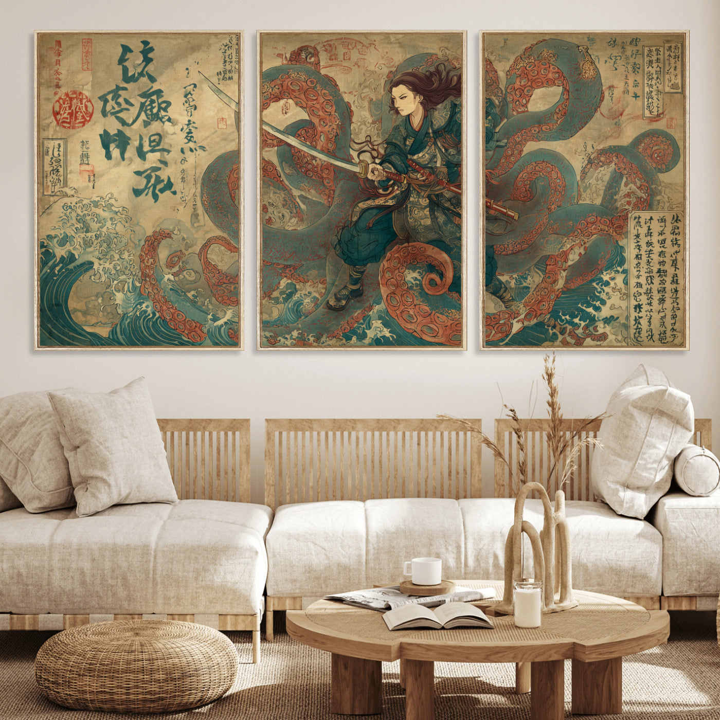Tsukioka Yoshitoshi Samurai Wall Art Print, Japanese Katana Warrior Canvas Wall Art, Octopus Sea Monster Canvas Print,