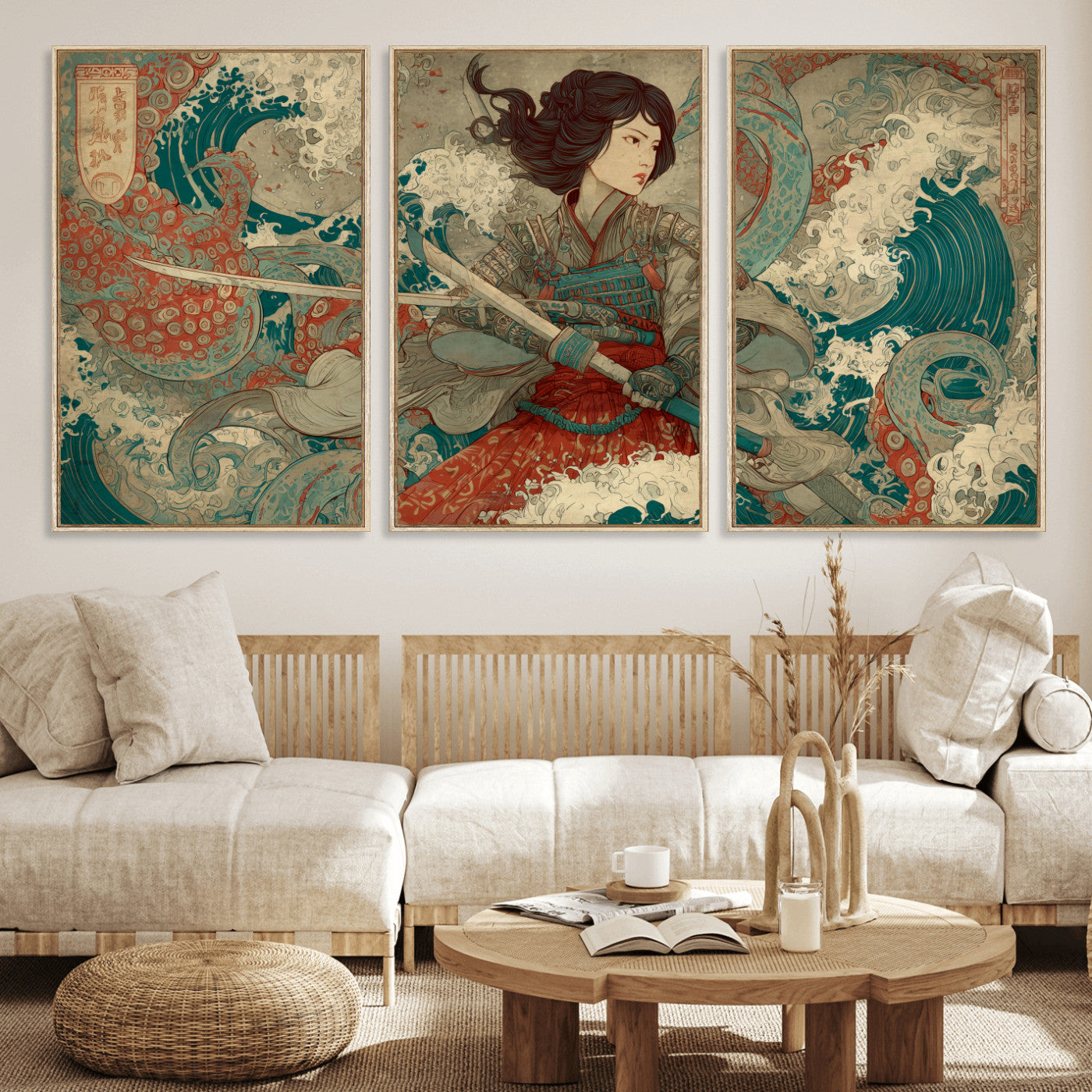 Tsukioka Yoshitoshi Samurai Wall Art Print, Japanese Katana Warrior Canvas Wall Art, Octopus Sea Monster Canvas Print,