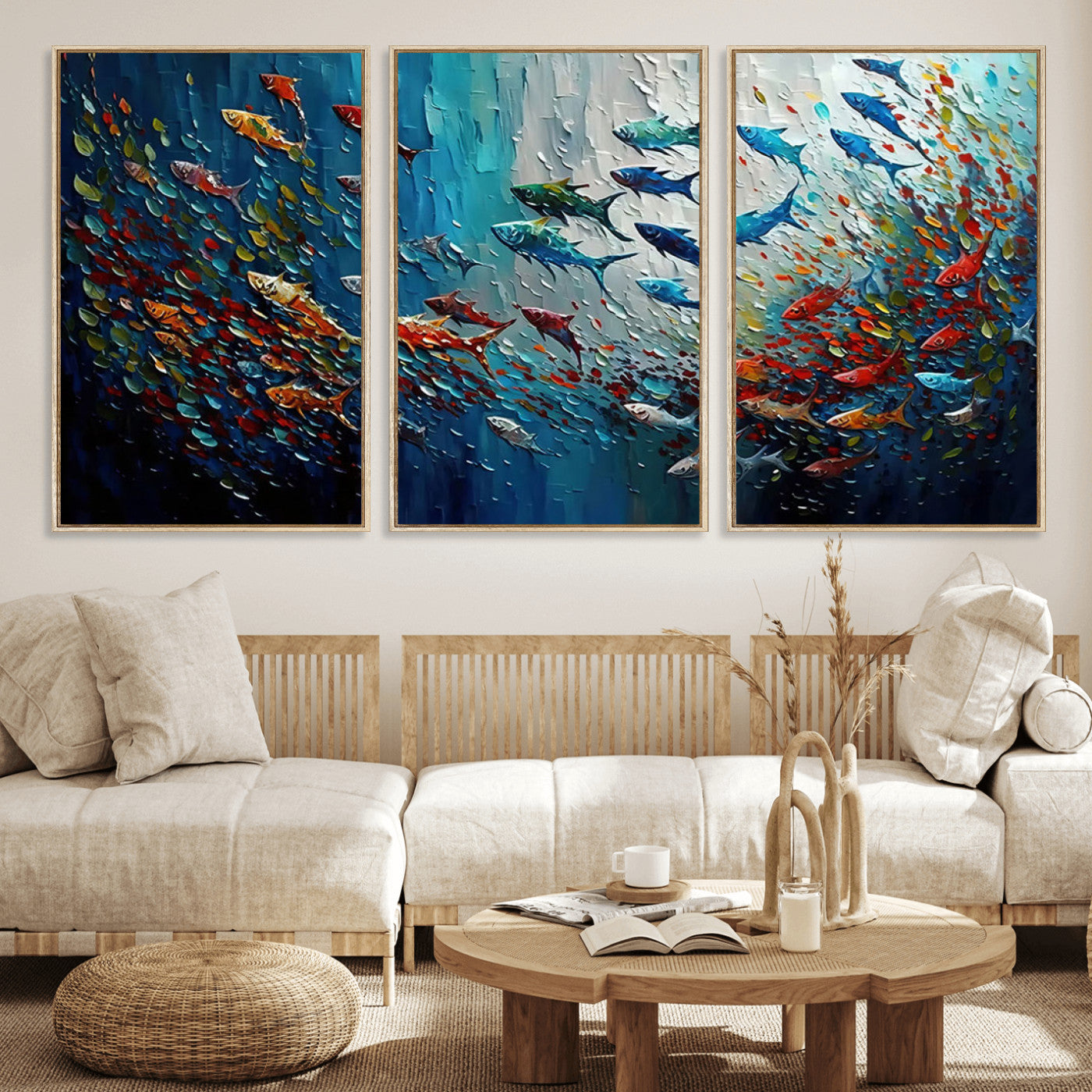 Colorful painting of fish swimming in abstract ocean swirls, perfect for vibrant marine-themed or expressive coastal home decor.