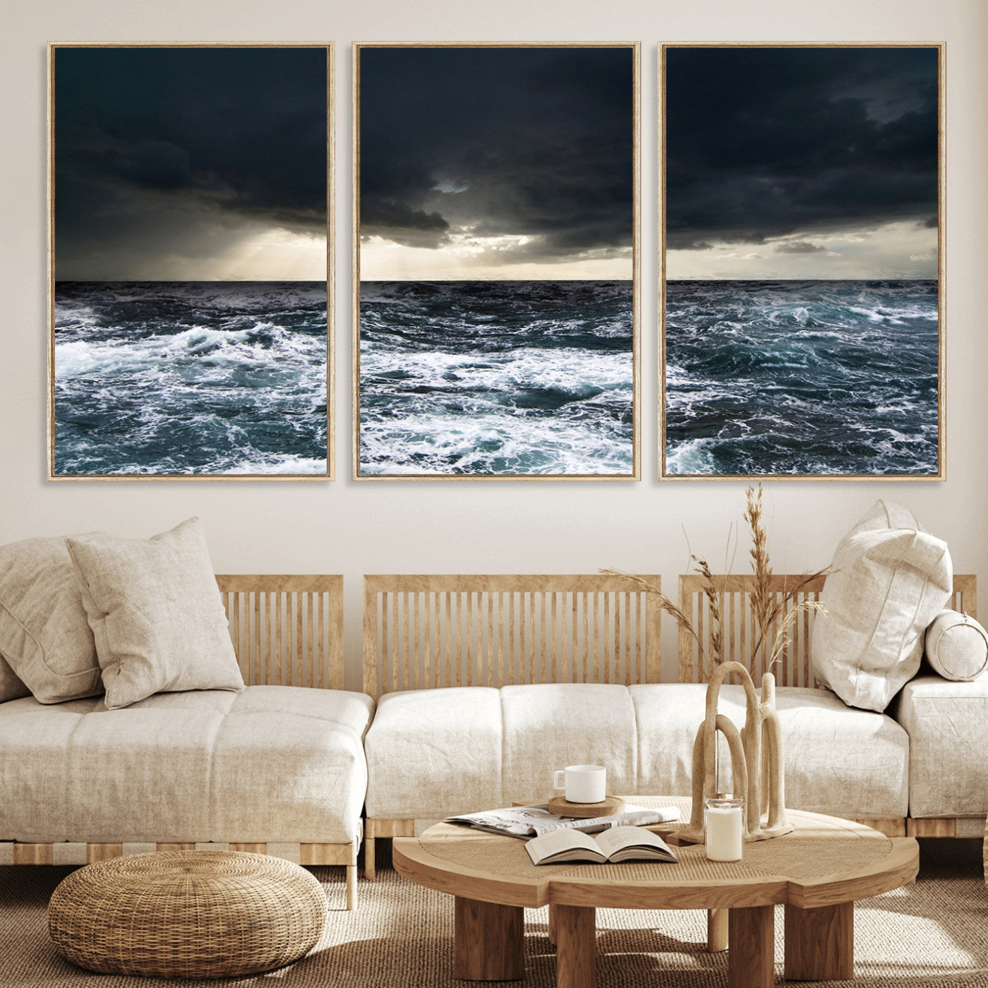 Moody ocean scene with stormy skies and crashing waves, perfect for dramatic or coastal-style home wall decor.
