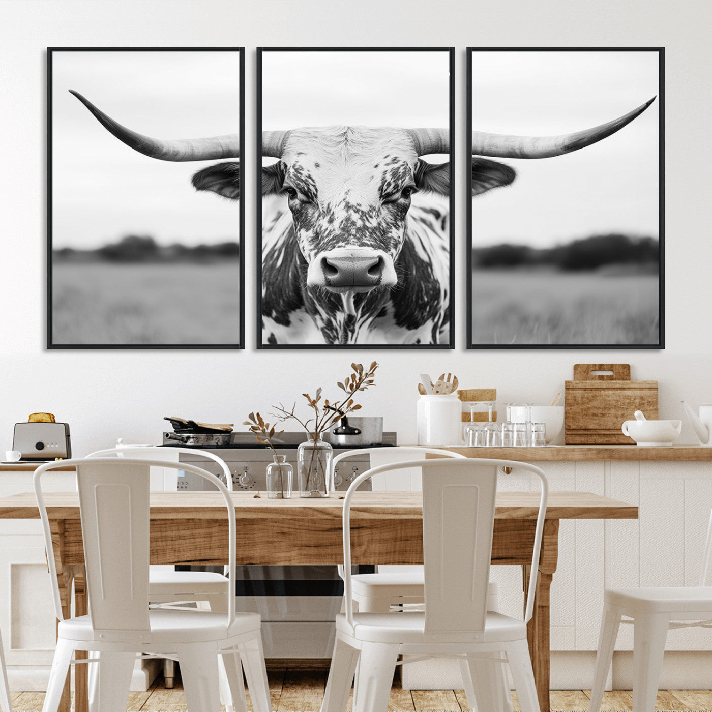 Capture the strength and elegance of nature with this striking black and white portrait of a longhorn cow. Its powerful presence makes a bold statement in any room.
