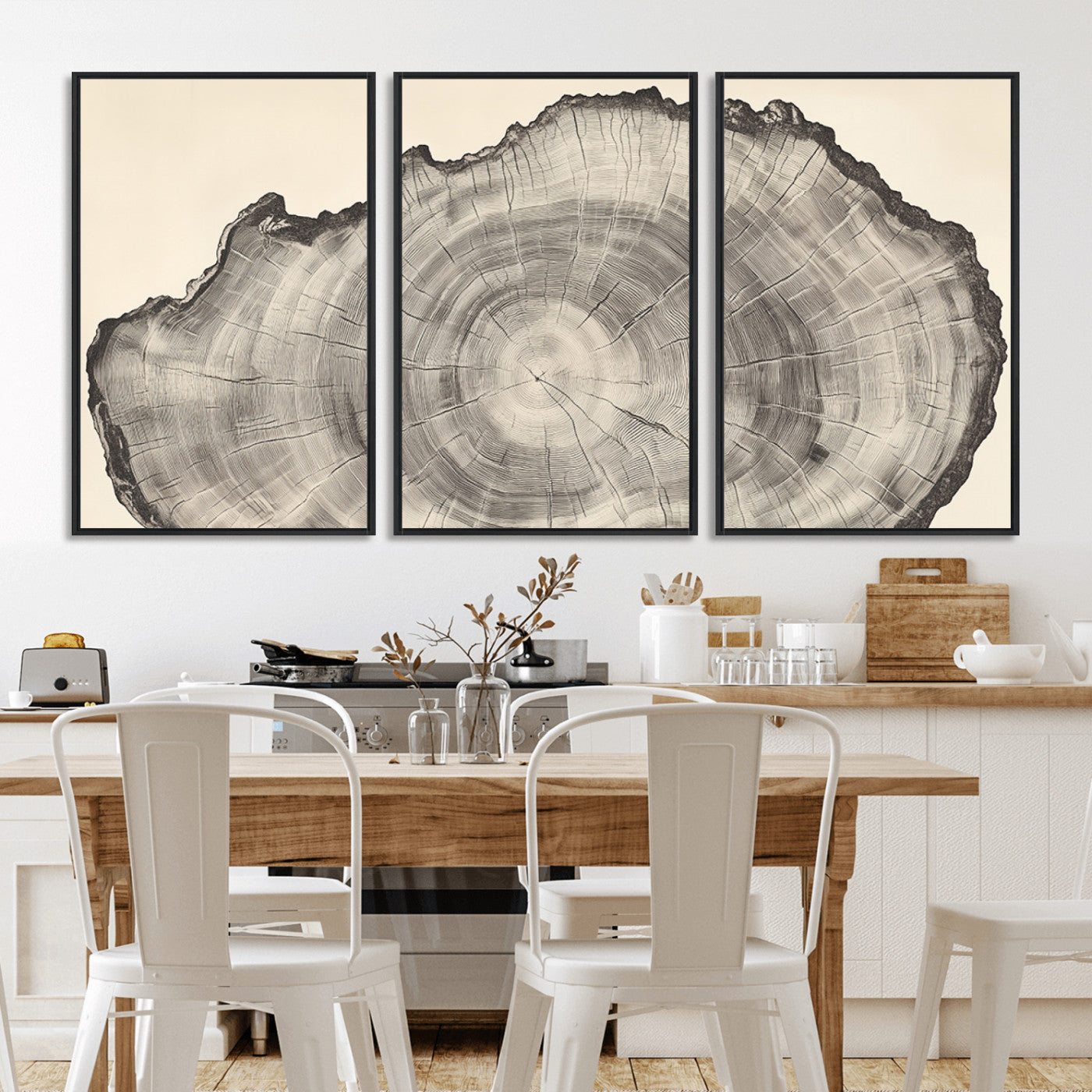 Detailed tree ring drawing in monochrome tones, ideal for rustic or nature-inspired interiors with a minimal decor aesthetic.