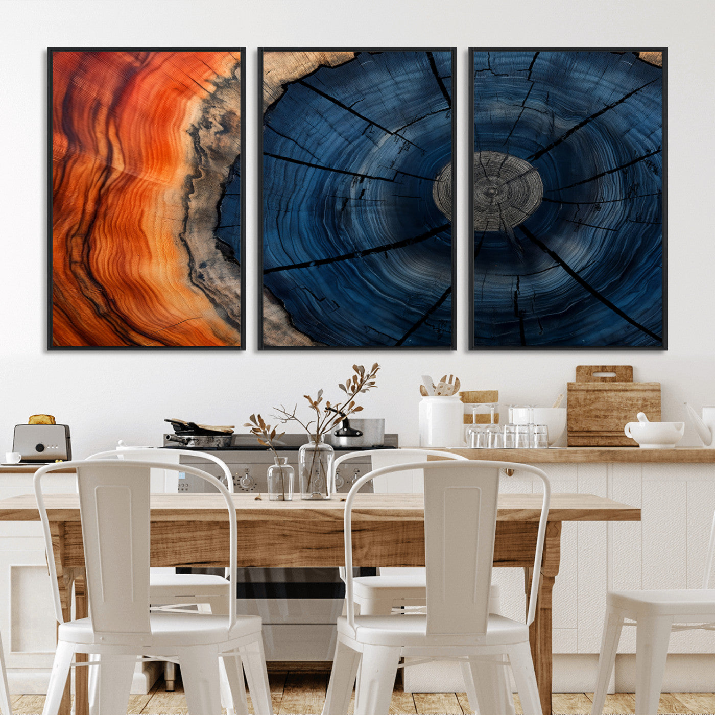 A captivating close-up of a tree trunk, showcasing its concentric rings in rich shades of blue, orange, and brown, highlighting the organic patterns of natural wood.