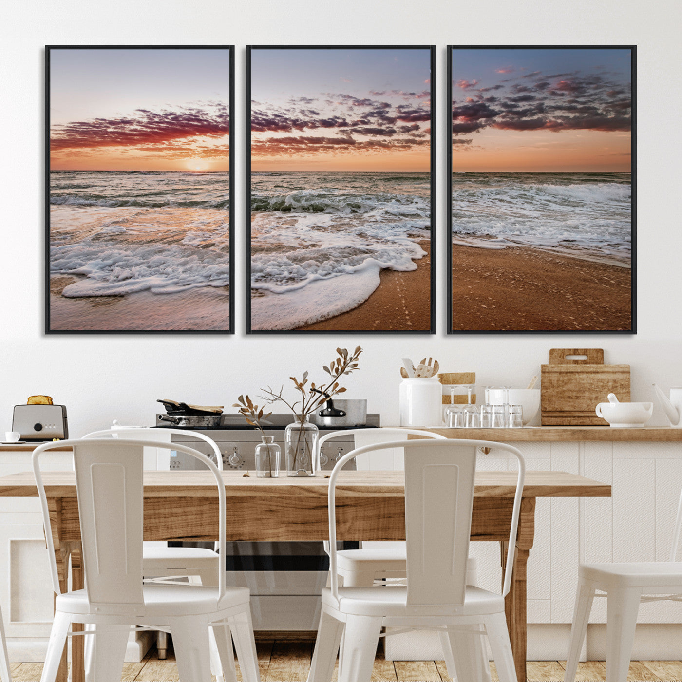 Canvas of a sunset over a foamy ocean shore with warm light and gentle waves, ideal for coastal or beach-themed home decor.