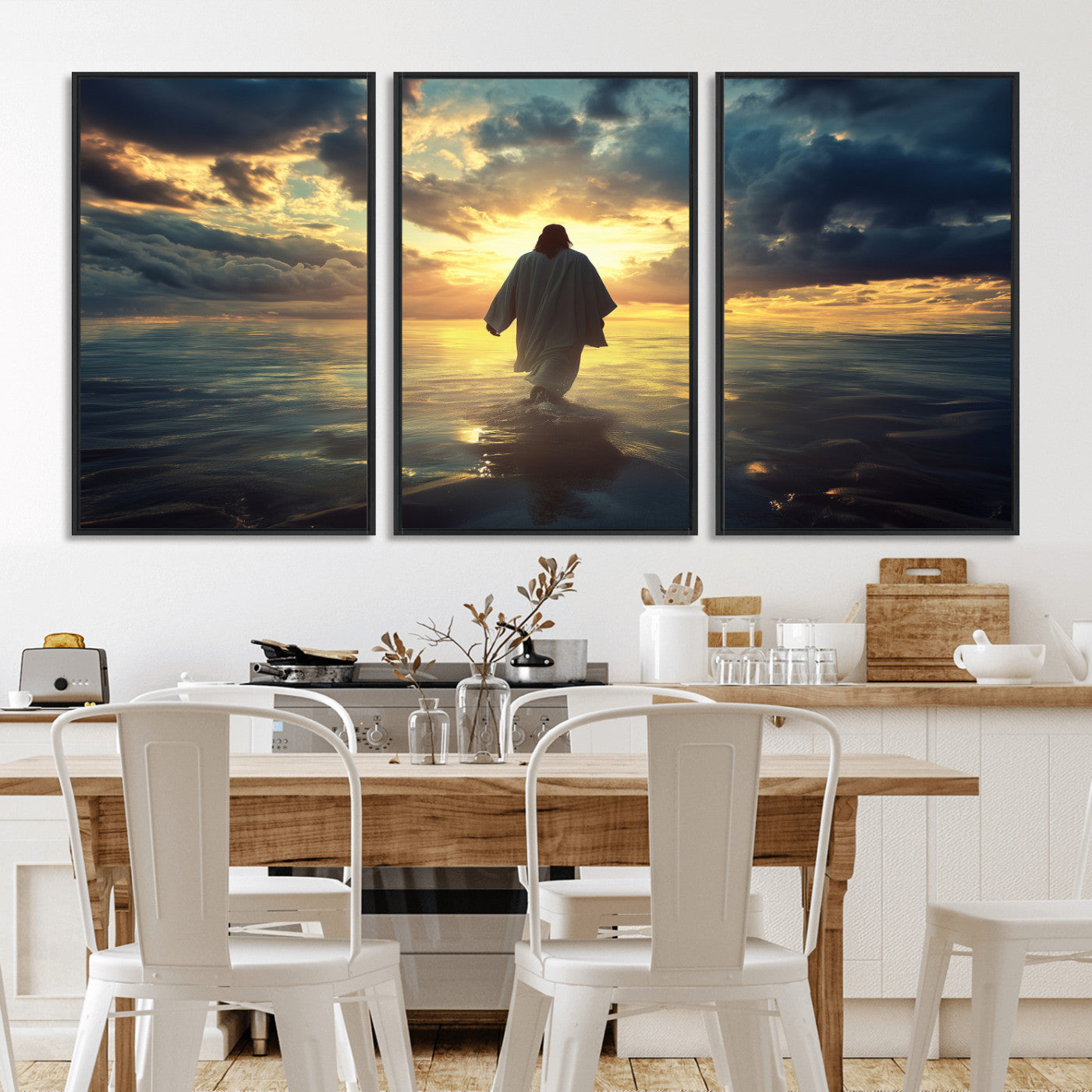 Spiritual artwork of Jesus walking on water at golden hour with divine light, ideal for Christian home decor or prayer room.