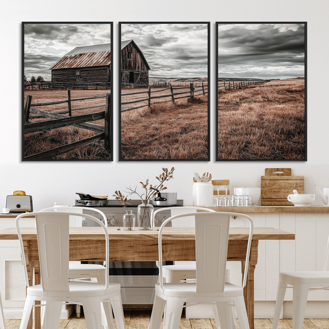 Framed canvas of a rustic barn under a moody sky with weathered fence and dark fields, ideal for farmhouse or rural-style wall decor.