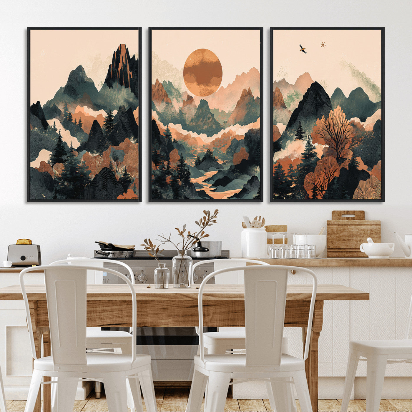 Mountain Landscape Wall Art Print - Sunset Hills Canvas Print, featuring an abstract nature scene with earthy tones and misty peaks, perfect for boho and modern decor.