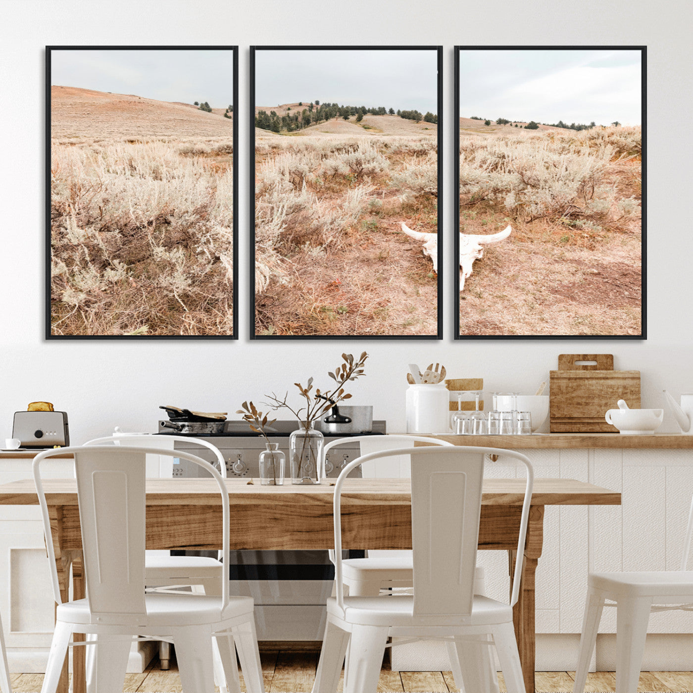 Rustic bull skull on dry sagebrush field under soft light, ideal for western minimal or desert prairie-style wall decoration.