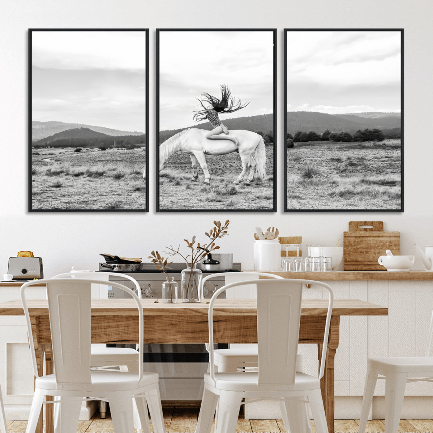 Black and white photo of a woman on a white horse in moody tones, ideal for Western Boho or modern rustic-style home decor.