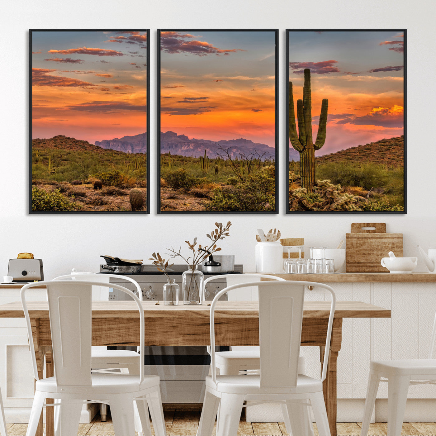 Vibrant desert sunset with saguaro cacti and distant mountains, perfect for Southwestern or warm-toned home decor.
