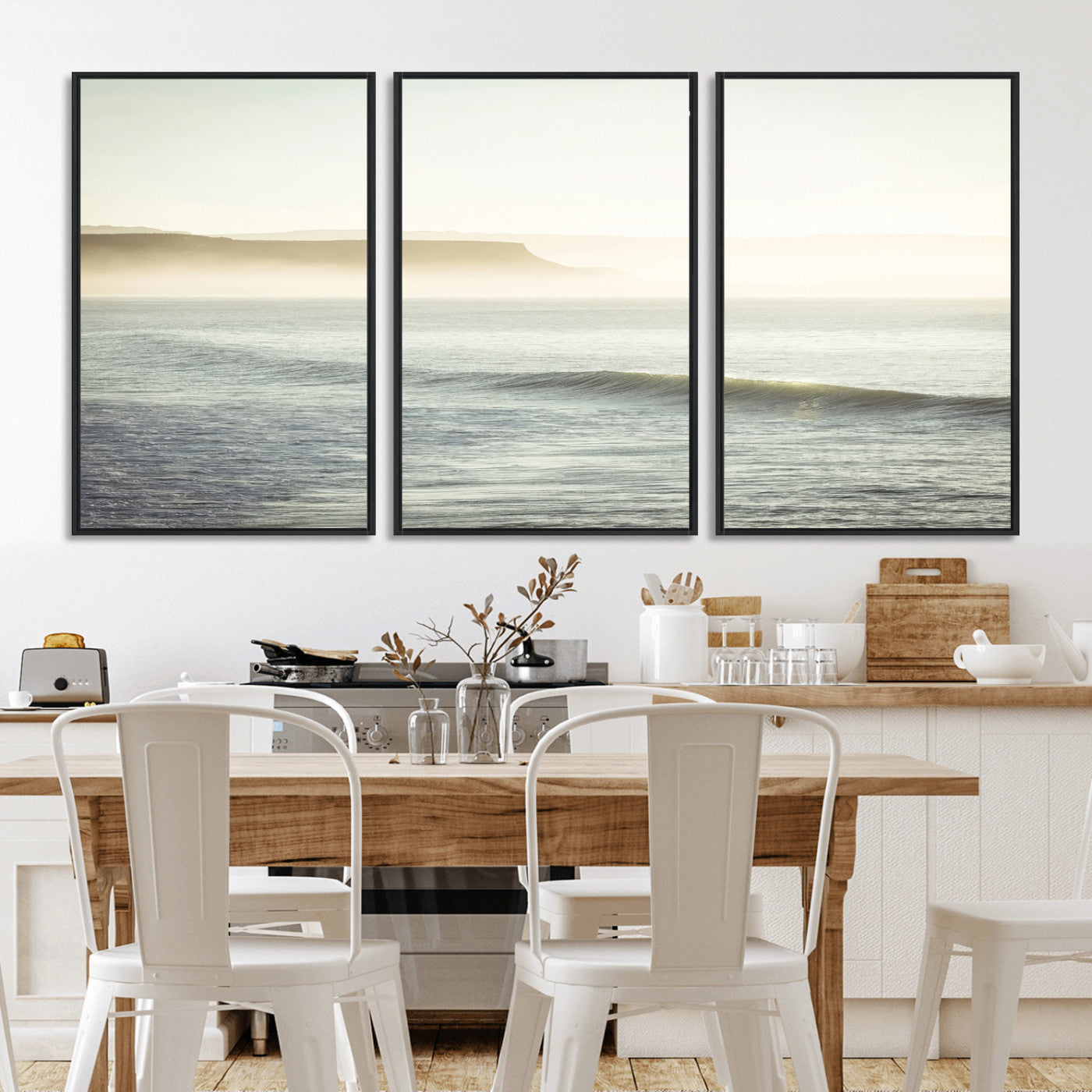Canvas of a misty ocean scene with coastal cliffs and soft neutral tones, ideal for Scandinavian coastal or minimalist nature-inspired home decor.