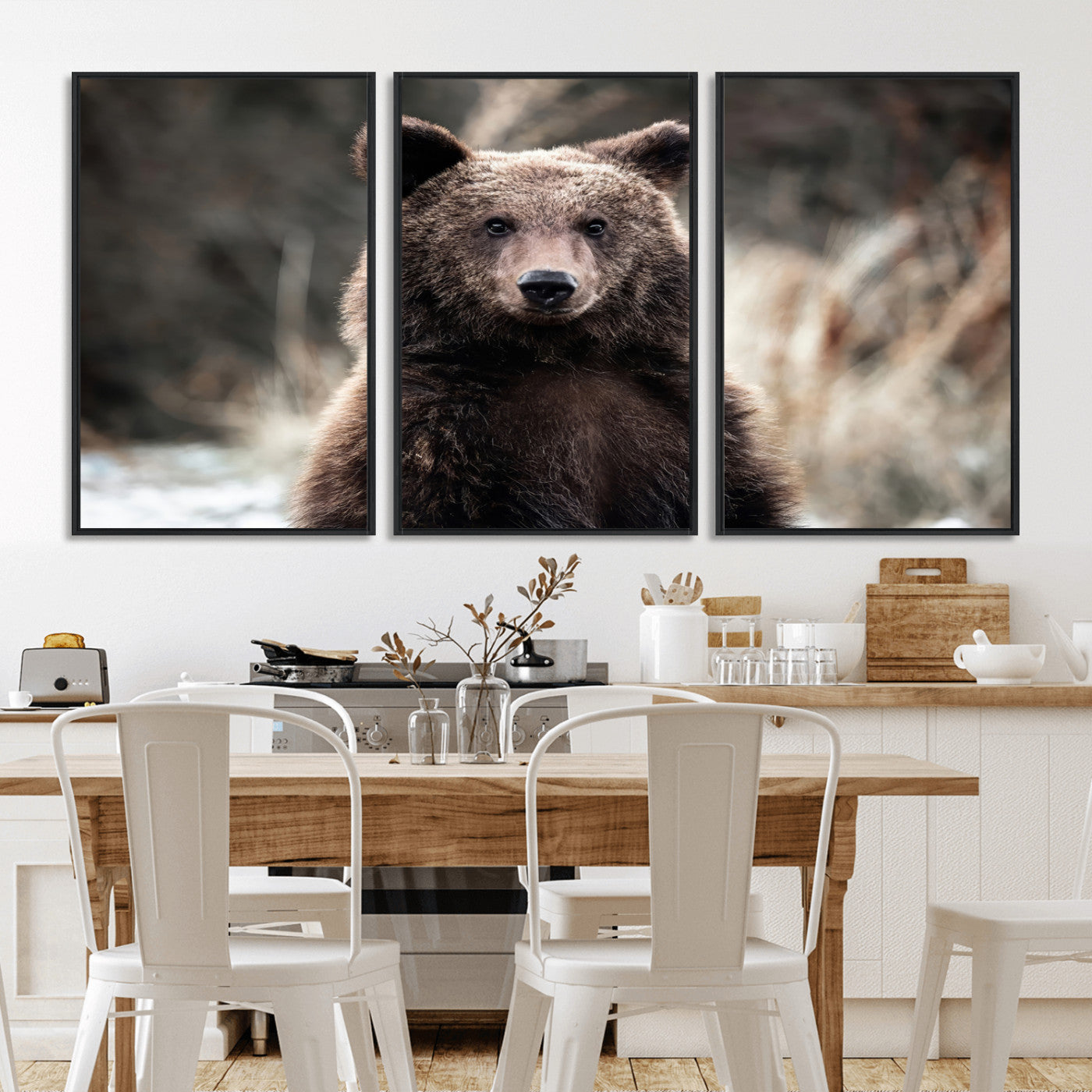 Canvas of a brown bear in soft earthy tones and moody forest light, ideal for rustic cabin or woodland nature-themed home decor.