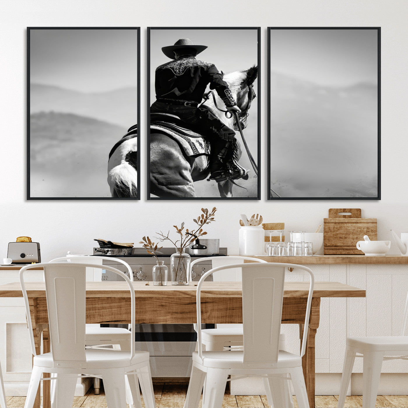 Black and white canvas of a cowboy on horseback with moody tones, perfect for rustic western or country-inspired home decor.