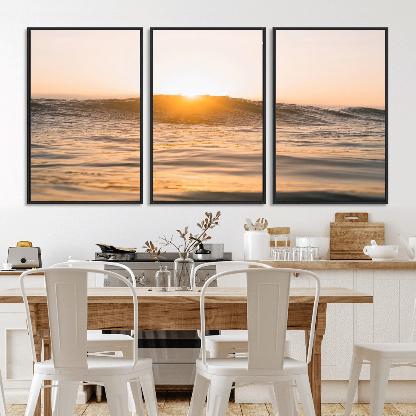 Ocean waves glowing under a warm golden sunset, reflecting soft light and calm movement, perfect for warm minimalist coastal interiors.