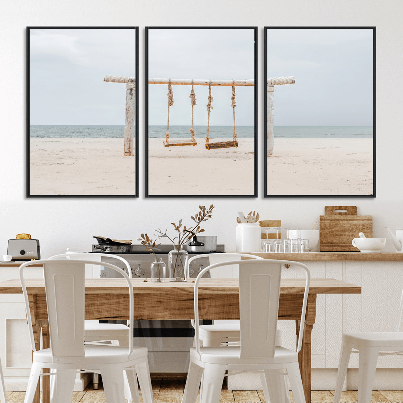 A rustic wooden beach swing stands on a serene sandy shore with an ocean horizon in the background, creating a tranquil and dreamy coastal escape.