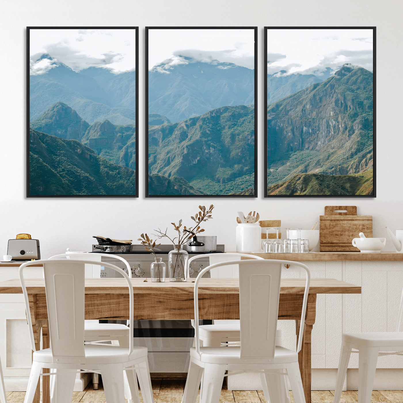 A misty mountain landscape with cloud-covered Andean peaks and lush green valleys, creating a dramatic and serene view, perfect for rustic or nature-inspired home decor.